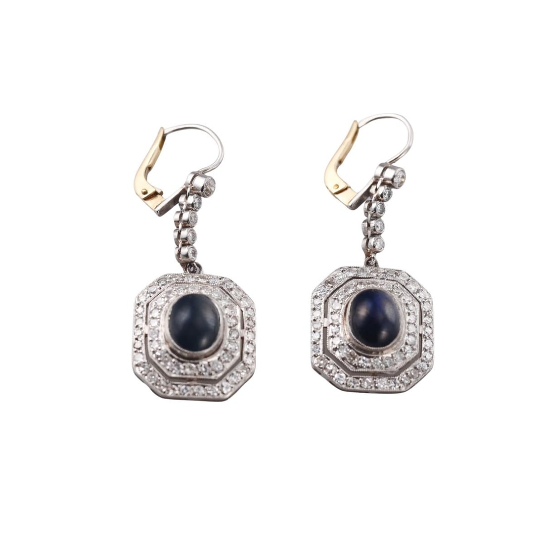 Platinum 14K Gold Sapphire Diamond Drop Earrings: Metal : Platinum, 14K Yellow Gold Designer : Not Signed Gemstone : Diamonds-approx. 1.50ctw , Sapphire cabochon Measurements : Earrings are 40mm long x 17mm wide Marked: : Tested Plat, Tested 14K