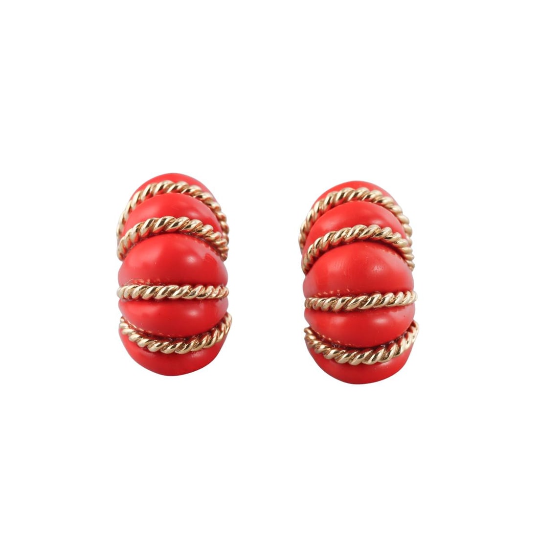 14k Gold Red Resin Shrimp Earrings: Metal : 14k Yellow Gold Designer : Not Signed Gemstone : Red Resin Measurements : Earrings are 32mm x 18mm Marked: : 14K Weight: : 30.5 grams Condition: : Excellent Additional: N/A