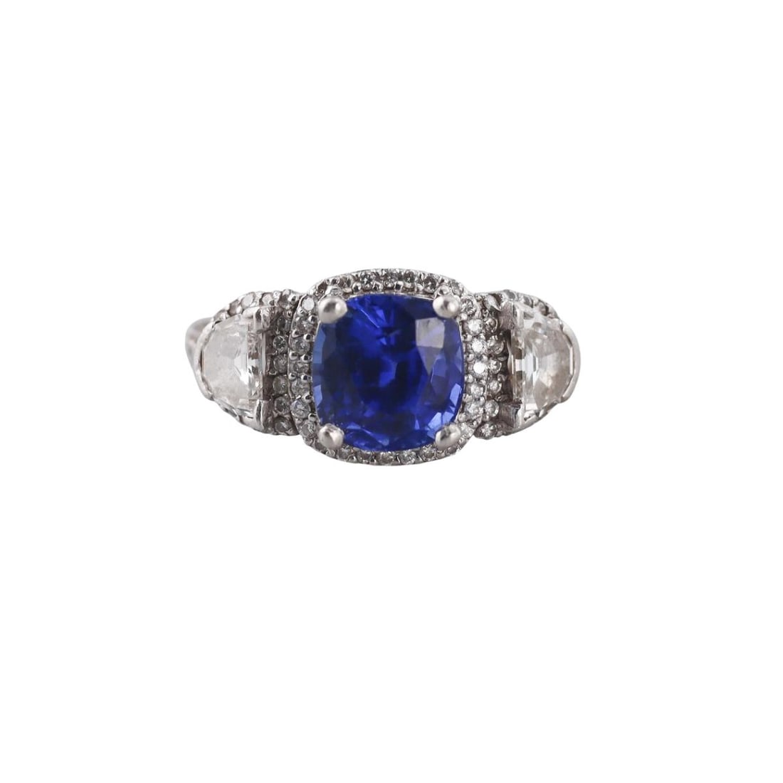 Platinum Diamond 3.90ct Sapphire Ring: Metal : Platinum Designer : Not Signed Gemstone : Sapphire approx. 3.90ct (8.3mm x 8mm x 6.65mm), Diamonds-approx. 1.30ctw ( half moon stones are approx. 0.45ct each ) Measurements : Ring size is