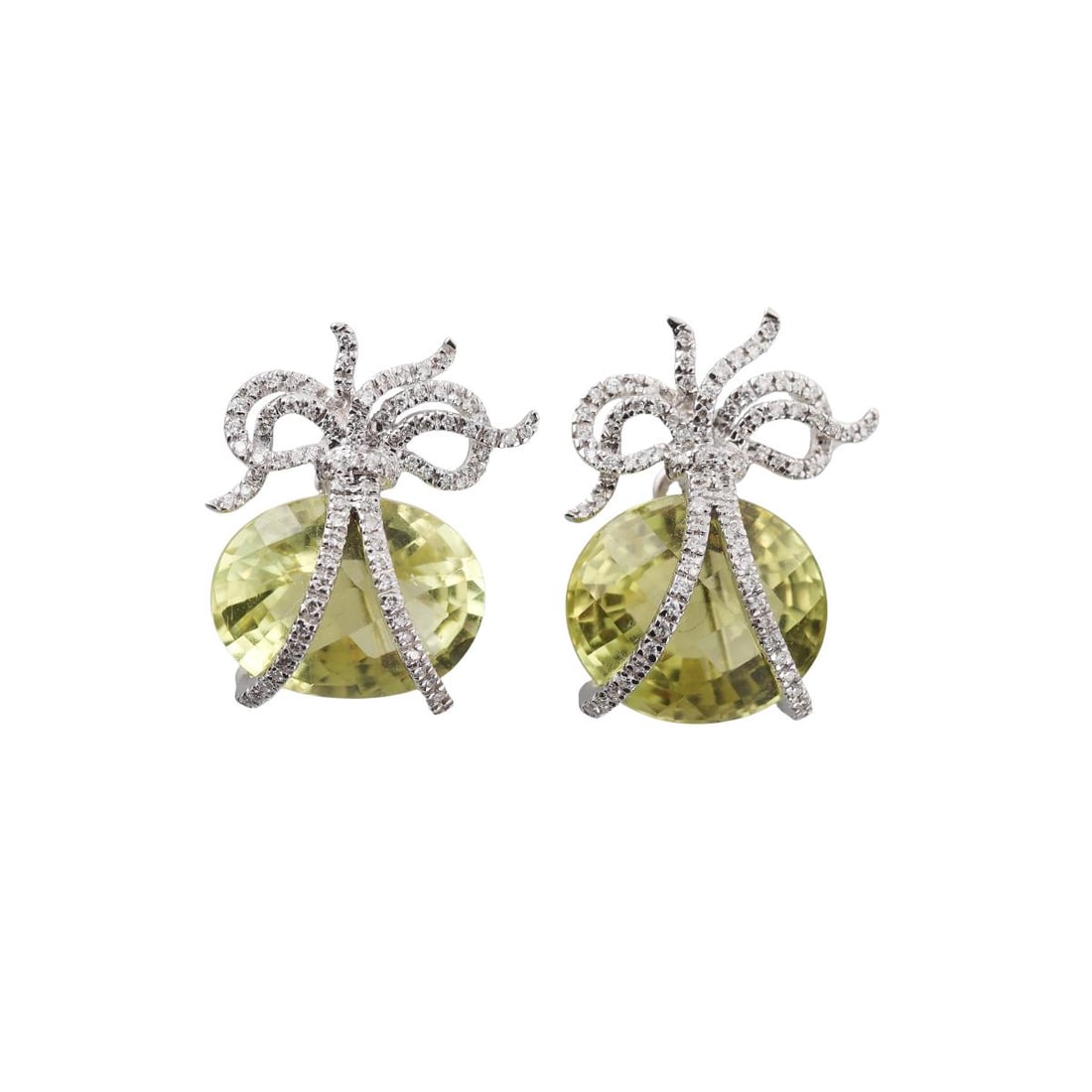 18K Gold Diamond Lemon Citrine Bow Earrings: Metal : 18K White Gold Designer : Not Signed Gemstone : Lemon Citrines-22.72ctw. Diamonds- 0.75ctw Measurements : Earrings are 27mm x 20mm Marked: : 750, 22.72, D075 Weight: : 15.8 grams Condition: :