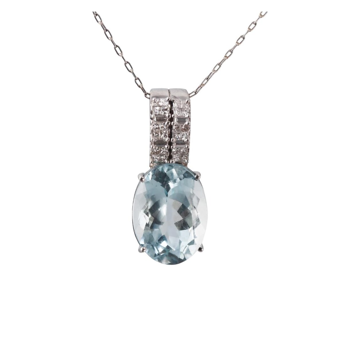 18K Gold Diamond Aquamarine Pendant Necklace: Metal : 18K White Gold Designer : Not Signed Gemstone : Aquamarine approx. 11.84ct ( 17.5mm x 12.5mm x 9.5mm) . Diamonds-approx. 0.36ctw. Measurements : Necklace is 16" long. Pendant is 28mm long