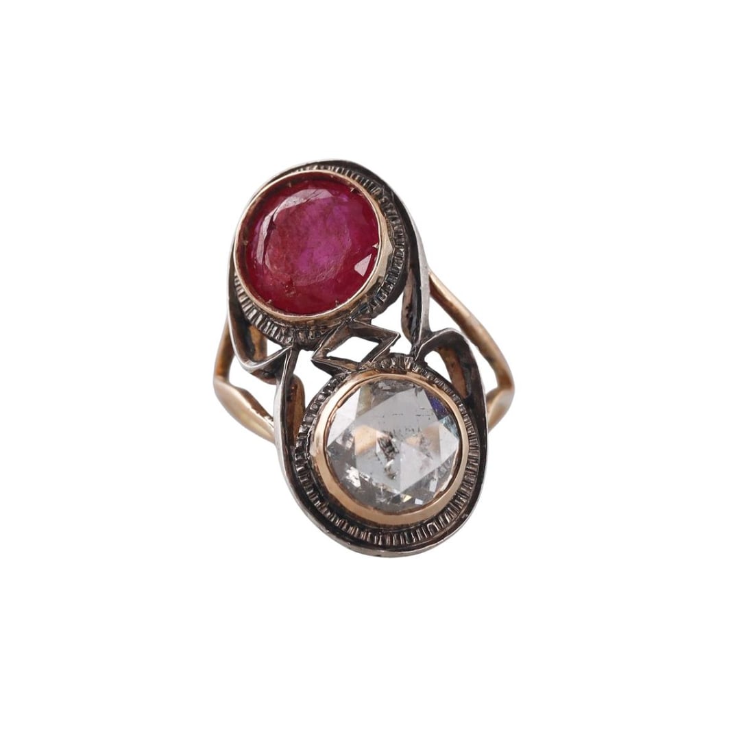 Antique 18K Gold Silver Rose Cut Diamond Ruby Bypass Ring: Metal : 18K Yellow Gold, Silver Designer : Not Signed Gemstone : Rose cut diamond-approx.1.50ct, Ruby-approx. 1.35ct. Measurements : Ring size 4. Ring top is 23mm Marked: : 750, Hallmark