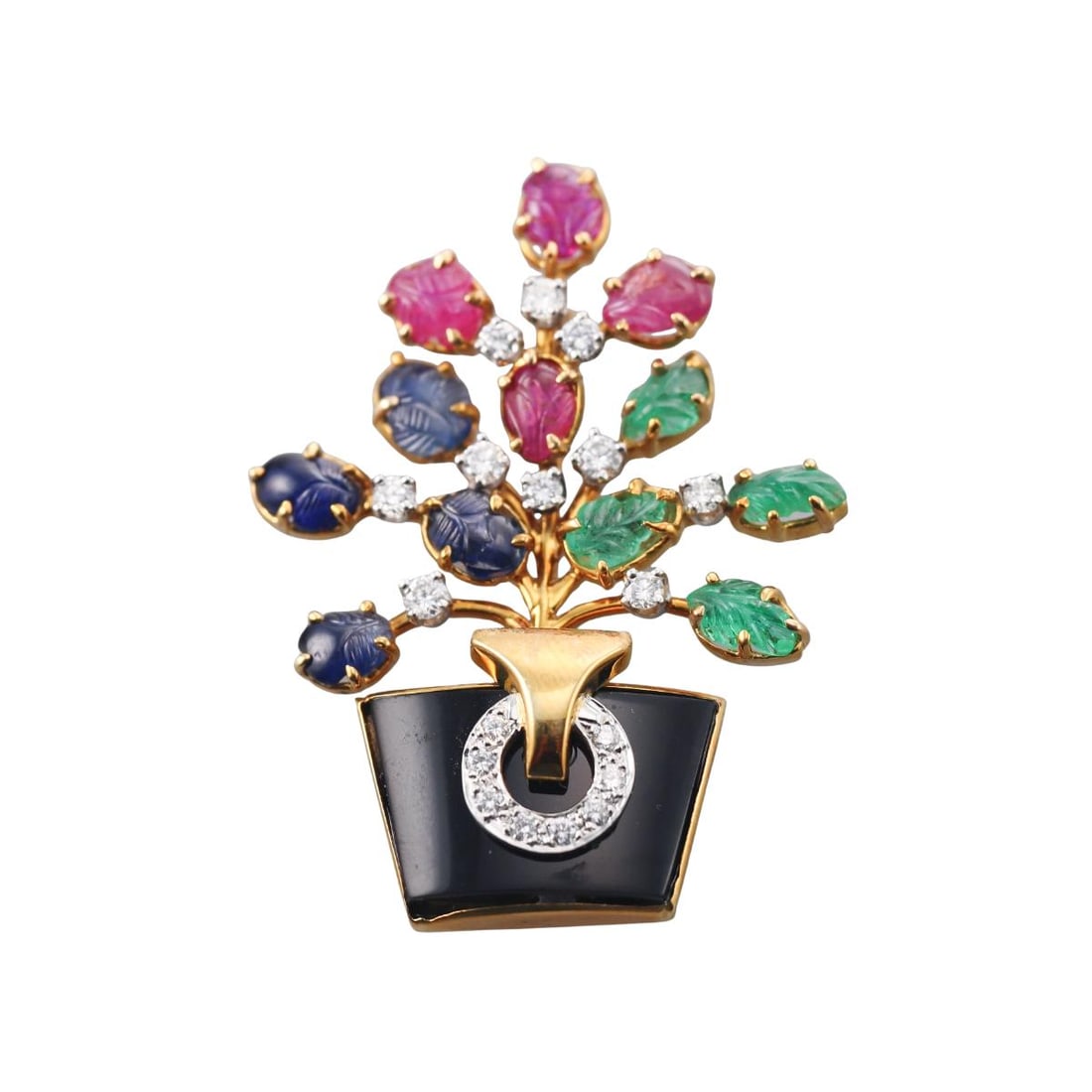 18k Gold Diamond Carved Ruby Sapphire Emerald Tutti Frutti Brooch: Metal : 18K yellow gold Designer : Not signed Gemstone : Diamonds approx. 0.80ctw , Emeralds, Rubies, Sapphires, Onyx Measurements : Brooch is 47mm x 36mm. Marked: : 18K Weig