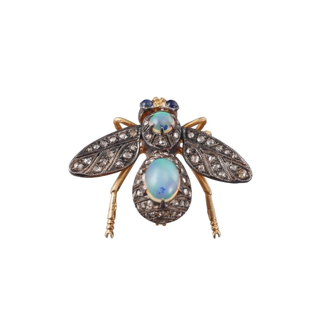 Silver Gold Diamond Opal Sapphire Insect Bee Brooch: Metal : Silver, Gold Designer : Not Signed Gemstone : Rose cut Diamonds, Opal, Sapphires Measurements : Brooch is 30mm long x 33mm wide Marked: : Tested Silver and Gold Weight: