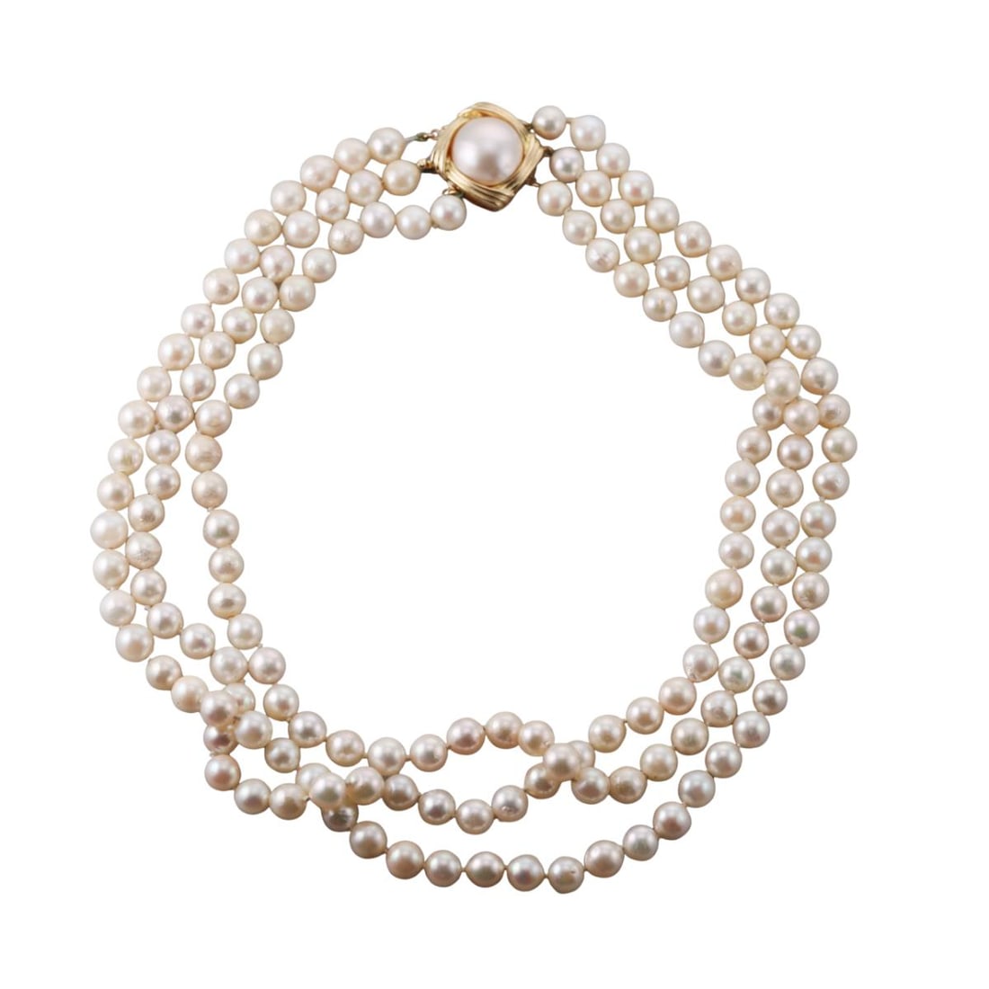 1950s Mid Century 14K Gold Triple Strand Pearl Necklace: Metal : 14K yellow gold Designer : Not Signed Gemstone : Pearls 7-14.5mm Measurements : Necklace length is 16" (shortest strand) Marked: : 14k 585, designer mark. Weight: