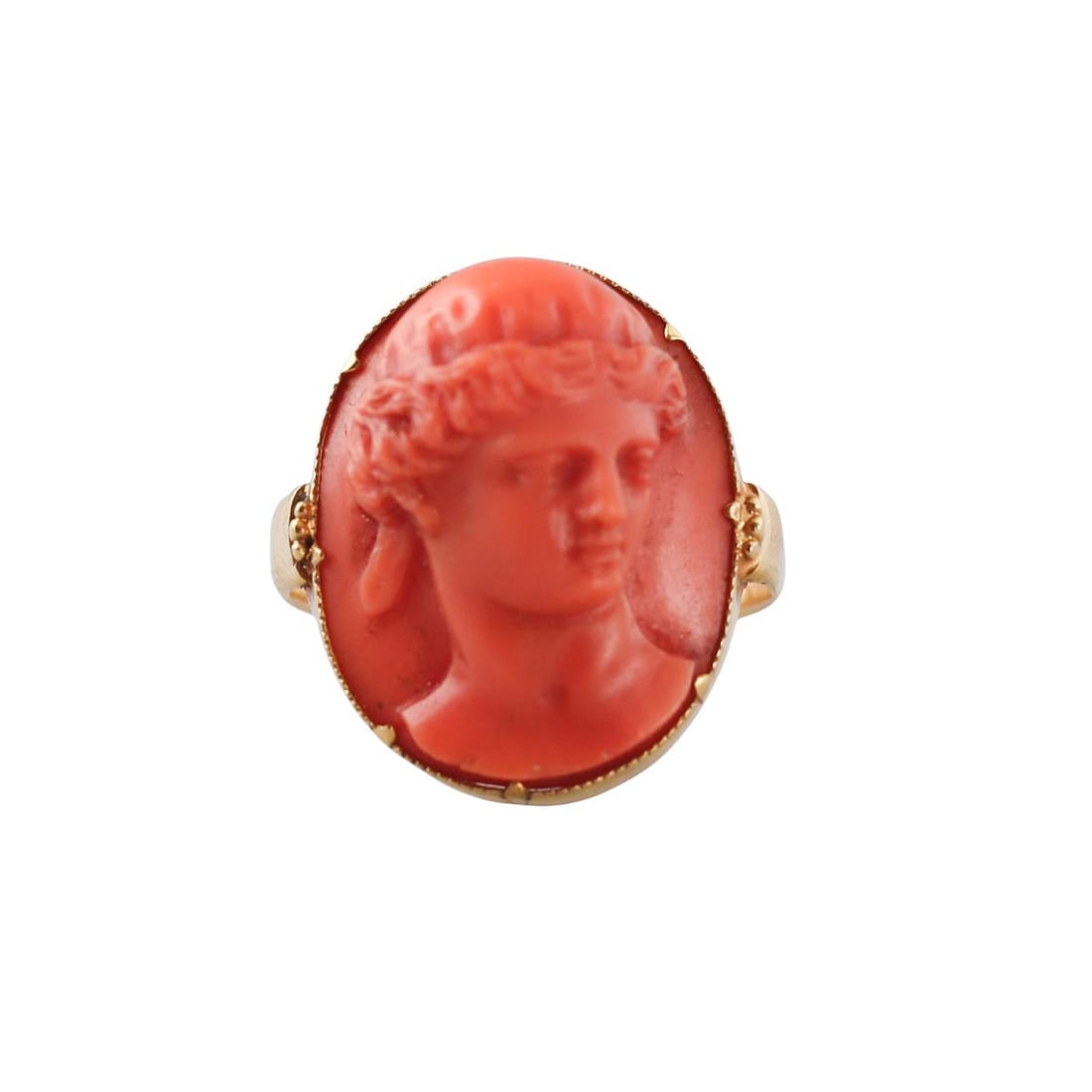 18K Gold Carved Coral Cameo Ring: Metal : 18K Yellow Gold Designer : Not Signed Gemstone : Coral cameo Measurements : Ring Size 6.75. Ring top is 22.5mm Marked: : Tested 18k Weight: : 6.5 grams Co