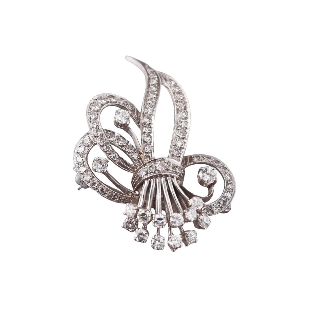 1950s Mid Century Platinum Diamond Brooch Pendant: Metal : Platinum Designer : n/a Gemstone : Diamonds approx. 1.10ctw Measurements : Brooch is 43mm x 31mm Marked: : Not marked, tested Plat Weight: : 8.3 grams Cond