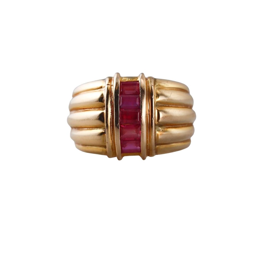 14k Gold Ruby Ring: Metal : 14k Yellow Gold Designer : Not Signed Gemstone : Rubies Measurements : Ring size 5.25, width 13mm. Marked: : Tested 14k. Weight: : 9.2 grams Condition: <