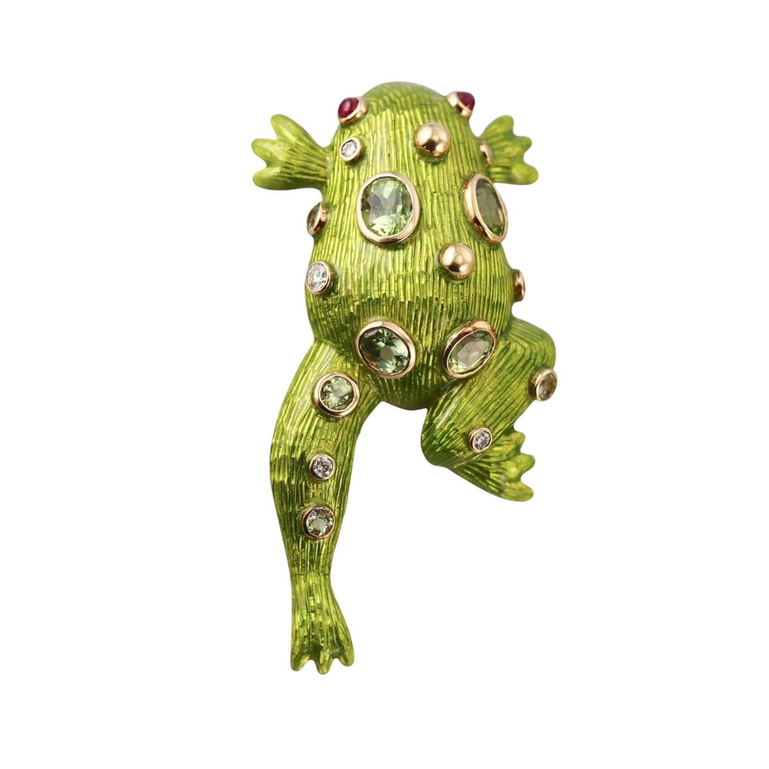 18K Gold Diamond Peridot Ruby Enamel Frog Brooch Pin: Metal : 18K Yellow Gold Designer : Not Signed Gemstone : Peridot, Diamonds, Ruby, Green Enamel Measurements : Brooch is 52mm x 28mm Marked: : 18K, Maker's hallmark Weight: : 15.7 grams Condition: :
