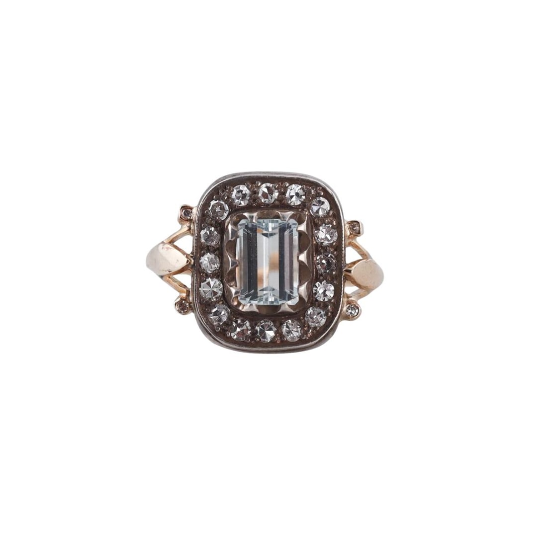 14K Gold Silver Diamond Topaz Ring: Metal : 14K Yellow Gold, Silver Designer : Not signed Gemstone : Diamonds approx.0.40ctw, Light blue Topaz Measurements : Ring size 7.75. Top is 15.5mm Marked: : Tested 14K, Silver Weight: : 3.3
