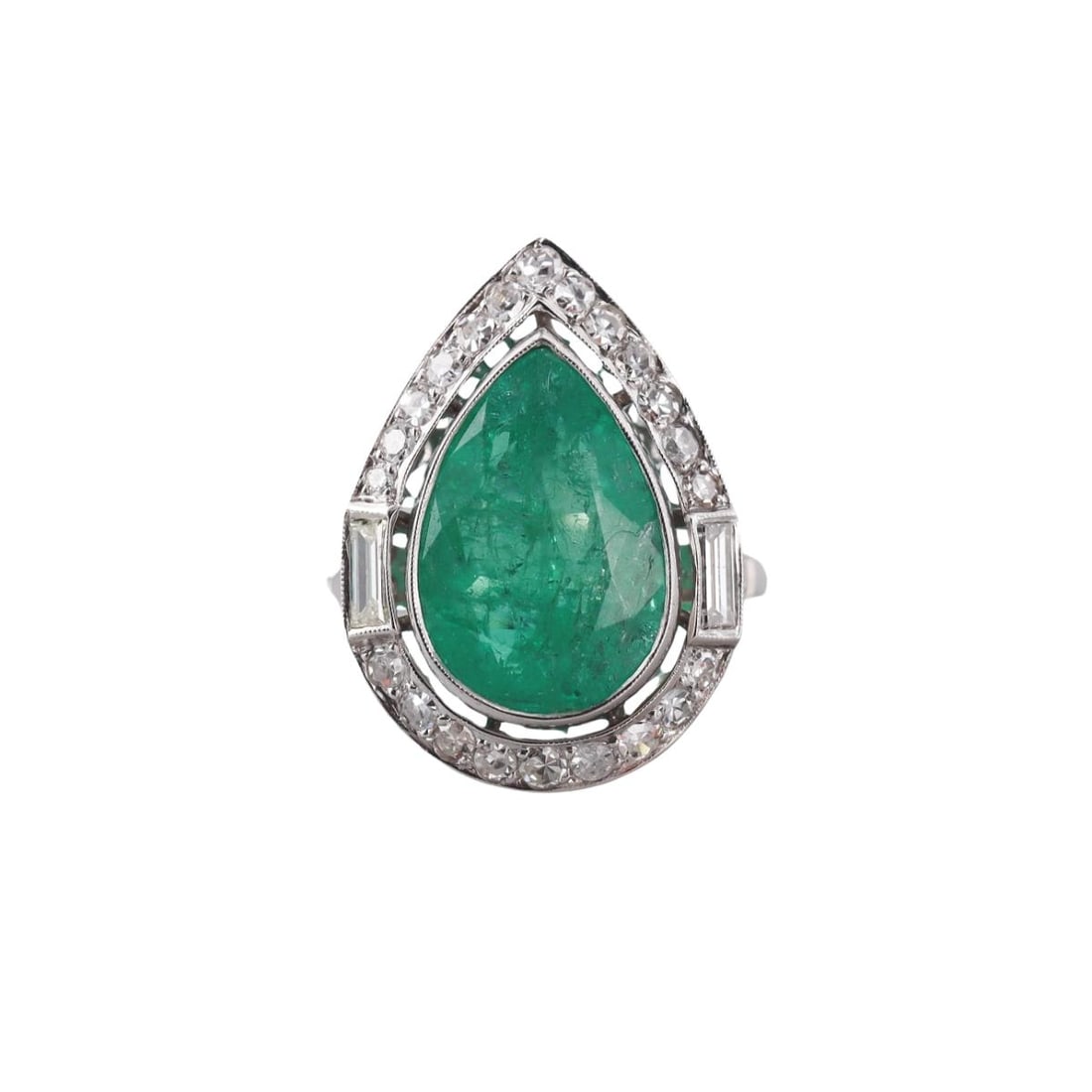 Platinum 5.98ct Pear Emerald Diamond Cocktail Ring: Metal : Platinum Designer : Not Signed Gemstone : Emerald- 5.98ct, Diamonds-approx.0.75-0.80ctw Measurements : Ring size 7.25. Top is 23mm x 17.5mm Marked: : Tested Plat Weight: : 8.3 grams