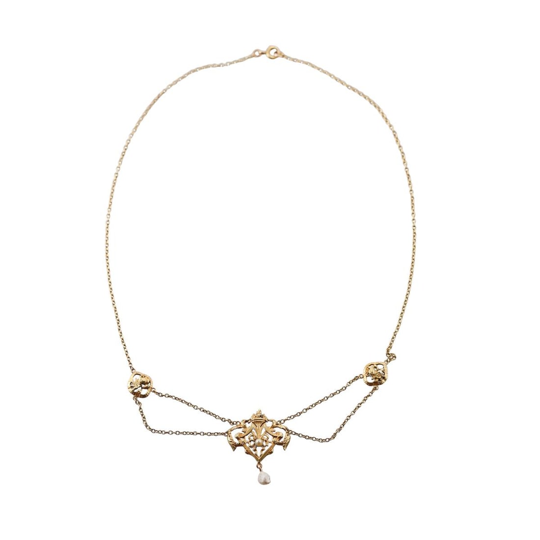 Antique French 18k Gold Pearl Festoon Necklace: Metal : 18k Yellow Gold Designer : Not Signed Gemstone : Pearls Measurements : Necklace is 15.25" long. Marked: : French eagle mark on the clasp ring. Weight: : 5.8 grams Condition: : Excellent.