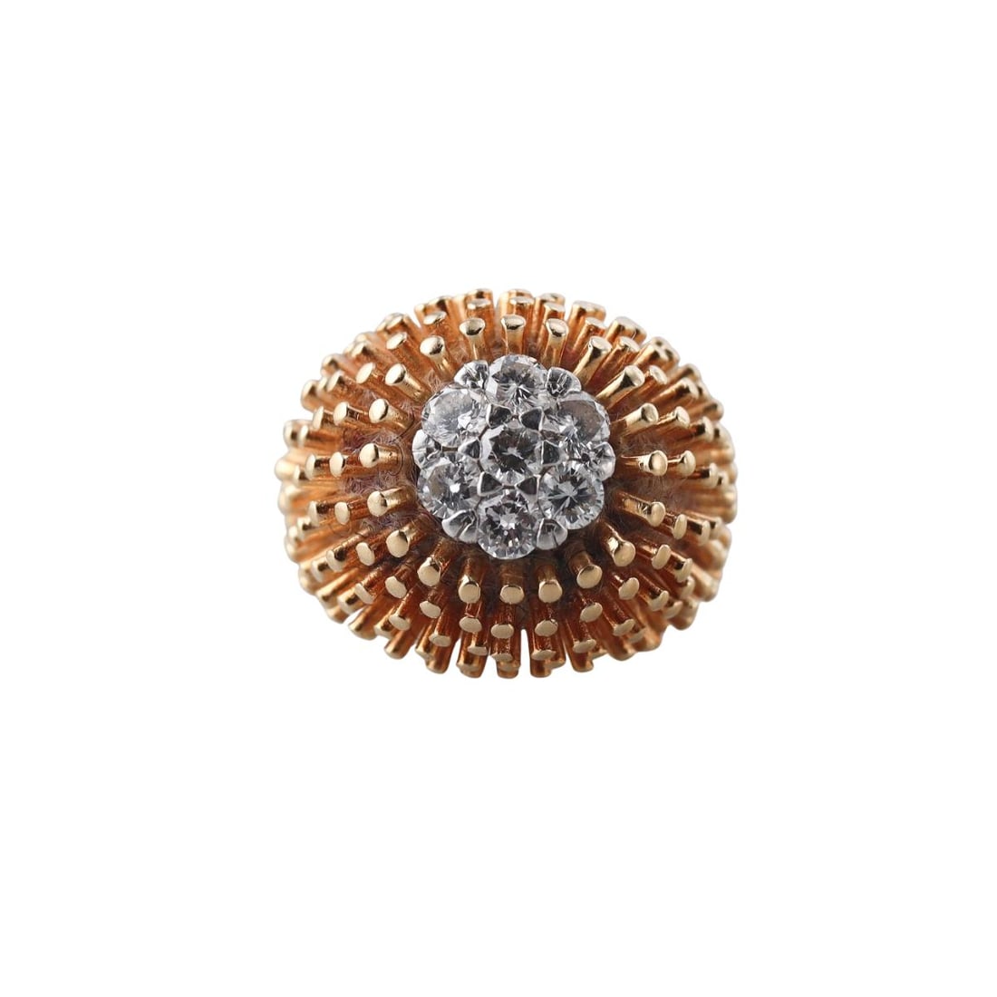 14K Gold Diamond Cactus Ring: Metal : 14K Yellow Gold Designer : n/a Gemstone : Diamonds approx 0.70ctw Measurements : Ring size 7.25. Ring top is 18mm wide Marked: : Tested 14K Weight: : 16.5 grams Condition: : Excellent