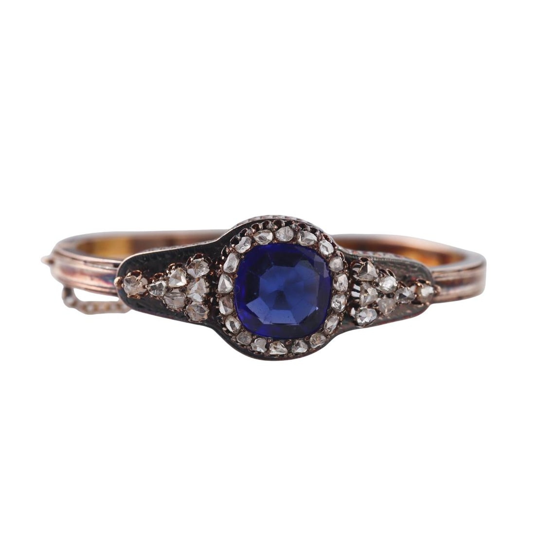 Antique Russian 14k Gold Silver Rose Cut Diamond Bangle Bracelet: Metal : 14k Yellow Gold / Silver Top Designer : Not Signed Gemstone : Blue synthetic sapphire - 13 x 13.5mm, Rose cut diamonds Measurements : Bracelet will fit approx. 7" wrist, center width 20mm. <