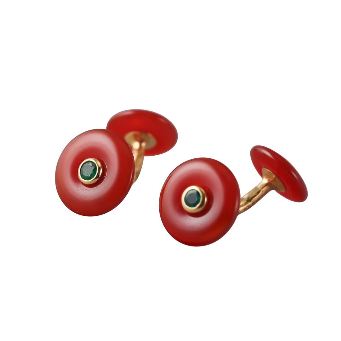 Tiranon 18k Gold Emerald Carnelian Cufflinks: Metal : 18k Yellow Gold Designer : Trianon Gemstone : Carnelian, Emerald Measurements : Cufflink top is 13mm, back - 11mm. Marked: : Trianon 750. Weight: : 5.5 grams