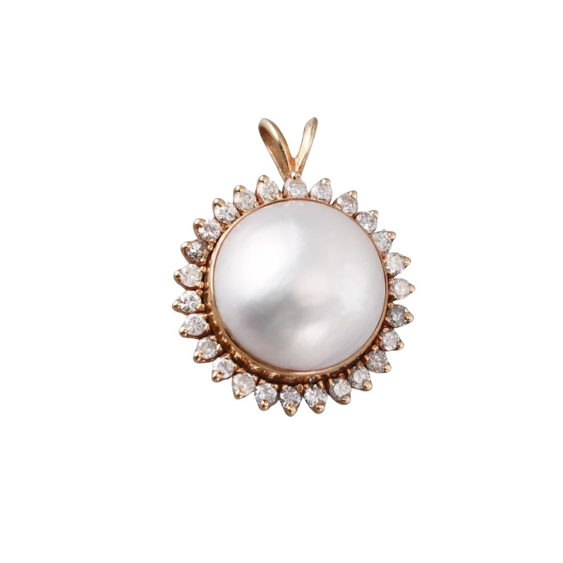 14K Gold Diamond Mabe Pearl Pendant: Metal : 14K Yellow Gold Designer : Not Signed Gemstone : Mabe pearl 16.5mm, Diamonds-approx.0.80ctw Measurements : Pendant is 22mm in diameter Marked: : 14K Weight: : 8.7