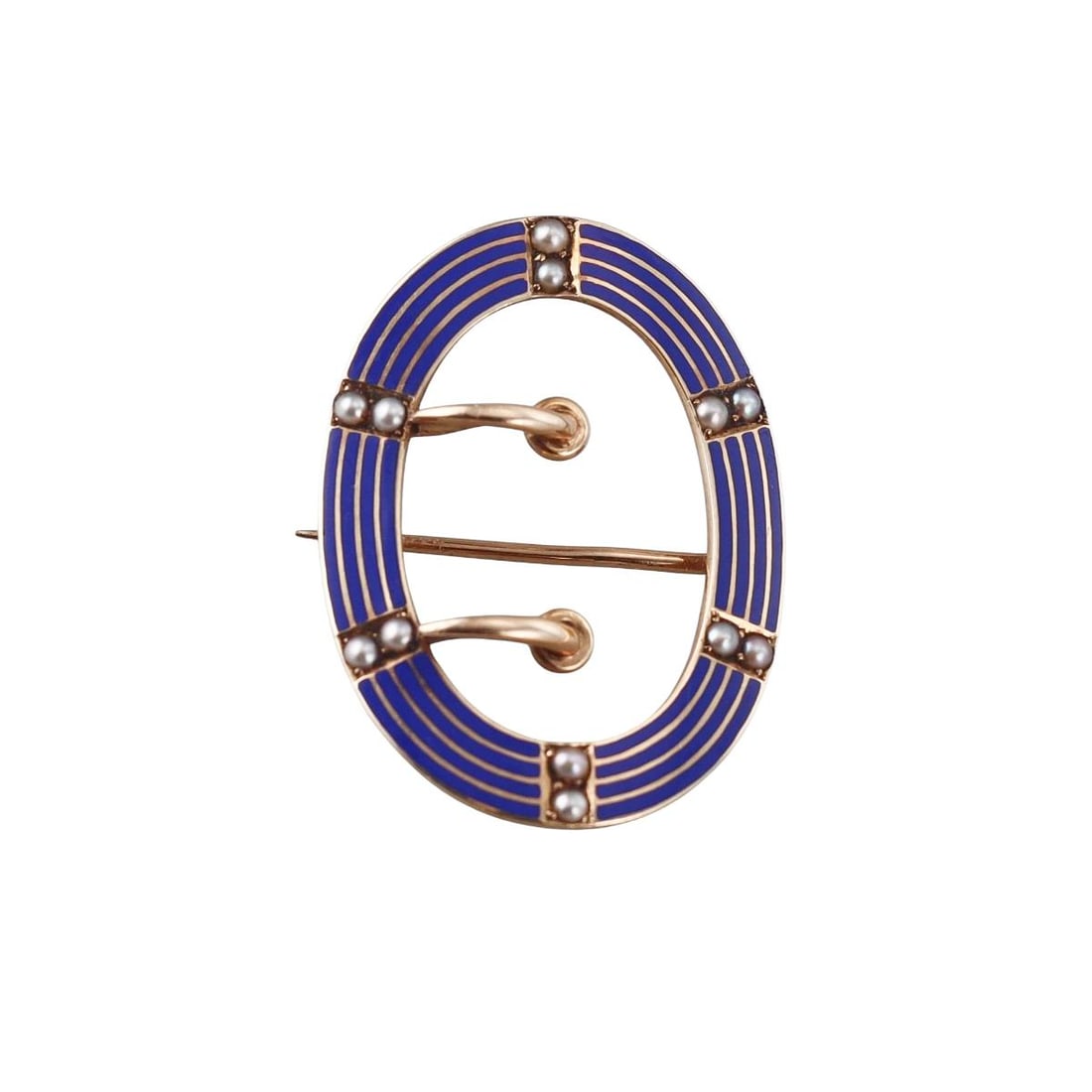 Antique 14K Gold Blue Enamel Seed Pearl Buckle Brooch: Metal : 14K Yellow Gold Designer : Not Signed Gemstone : Seed pearls Measurements : Brooch is 30mm x 22mm Marked: : 14K, Maker's mark Weight: : 4.3 grams Condition