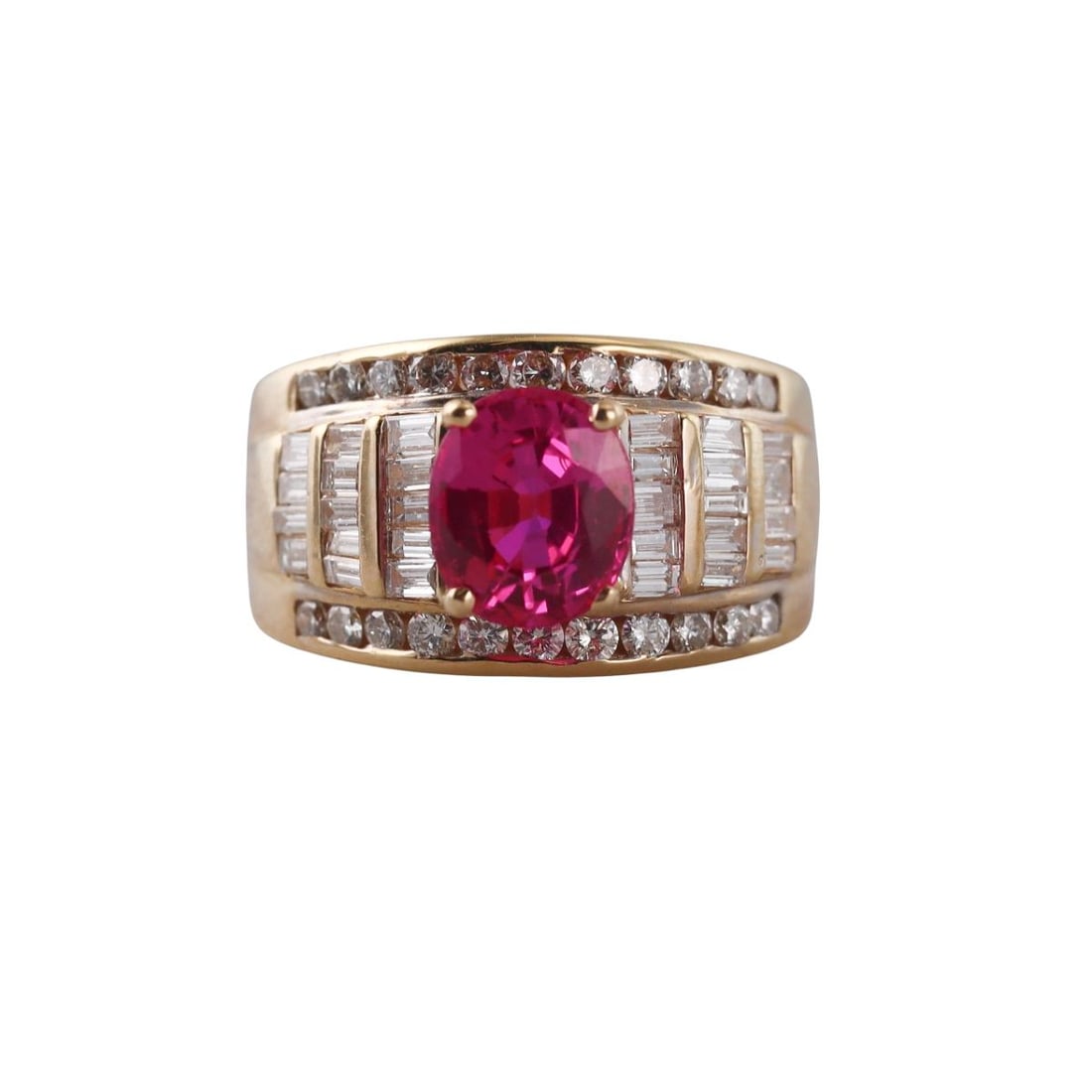 18K Gold Diamond Pink Sapphire Ring: Metal : 18K Yellow Gold Designer : Not Signed Gemstone : Diamonds-approx. 1.50ctw, Pink Sapphire approx. 3.20ct. Measurements : Ring size 7.75. Ring top is 13mm Marked: : 750 W