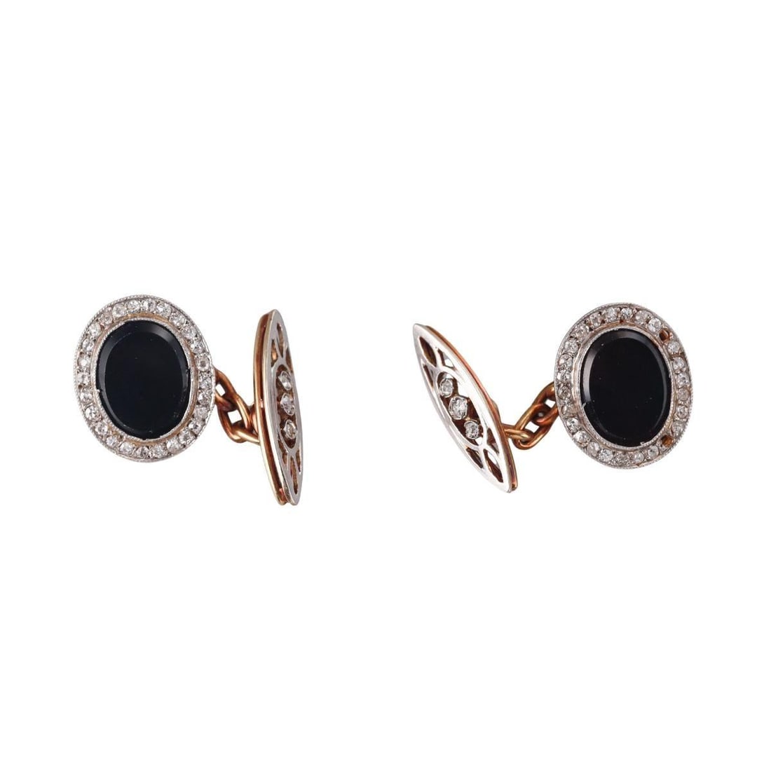 Art Deco Platinum 18k Gold Diamond Onyx Cufflinks: Metal :18k Gold / Platinum Designer : Not Signed Gemstone : Diamonds approx. 0.40ctw (2 missing), Onyx Measurements : Top is 17 x 15mm. Marked: : Tested 18k/Plat. Weight: