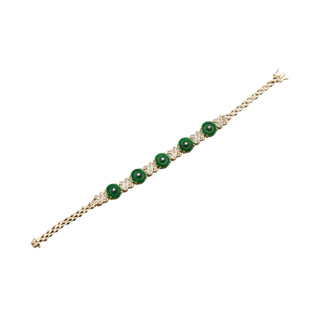 18k Gold Jade Diamond Bracelet: Metal : 18k Yellow Gold Designer : Not Signed Gemstone : Jade 9.5mm, Diamonds approx. 0.65ctw. Measurements : Bracelet is 7.5" long. Marked: : 750. Weight: : 19.5 grams