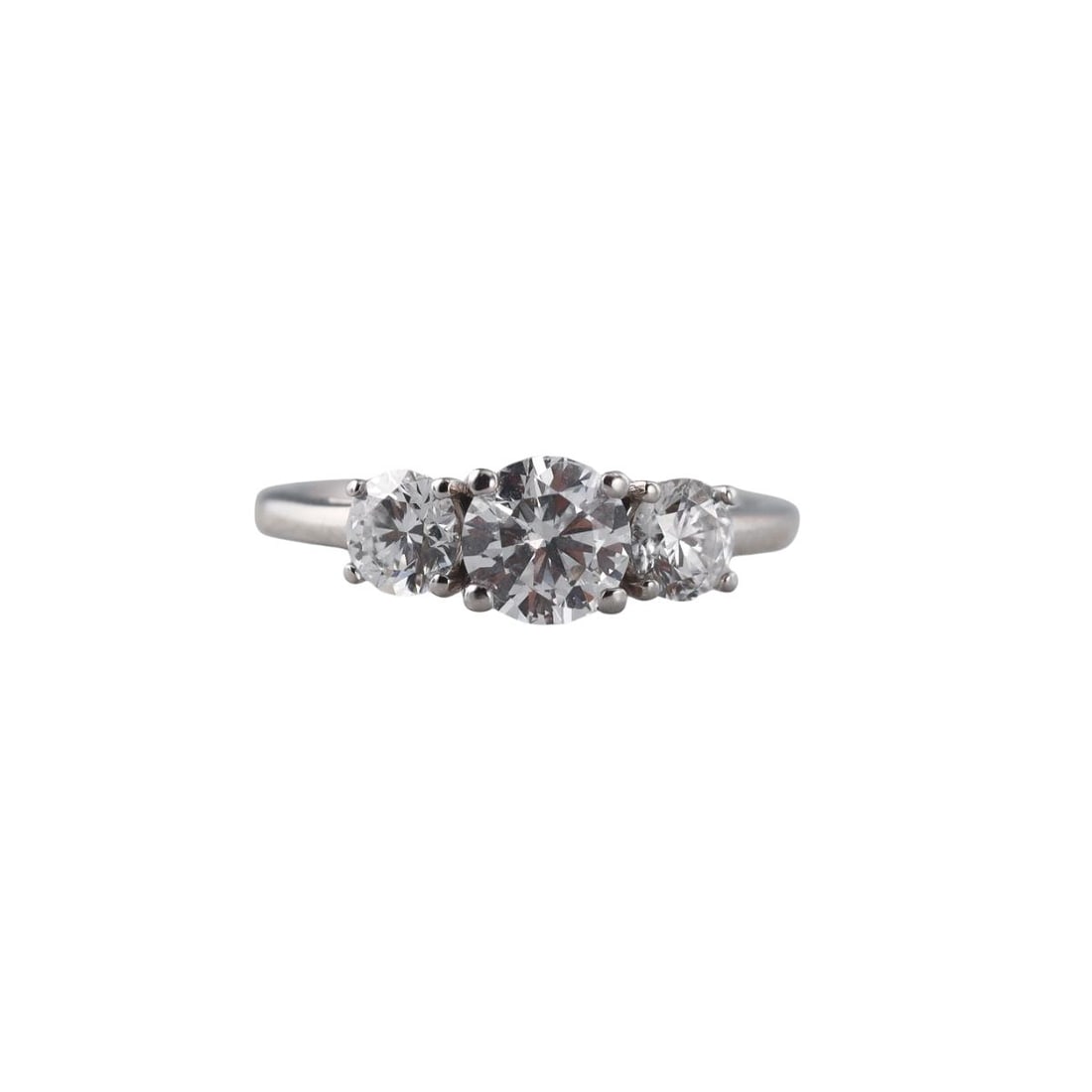 14k Gold Lab Grown Diamond Three Stone Engagement Ring: Metal : 14k White Gold Designer : Not Signed Gemstone : Lab grown diamonds - approx. 1.50ctw (center approx. 0.85ct VS1/G Measurements : Ring size 6.5. Marked: : Present and diamond mar