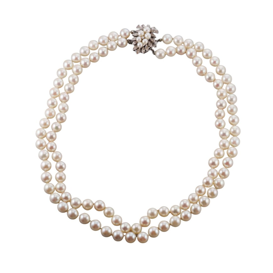 Mid Century 1950s 14k Gold Diamond Pearl Double Strand Necklace: Metal : 14k White Gold Designer : Not Signed Gemstone : Pearls 7.5-8mm, DIamonds approx. 0.20ctw. Measurements : Necklace is 18" long. Marked: : 14k. Weight: : 75.6 gram
