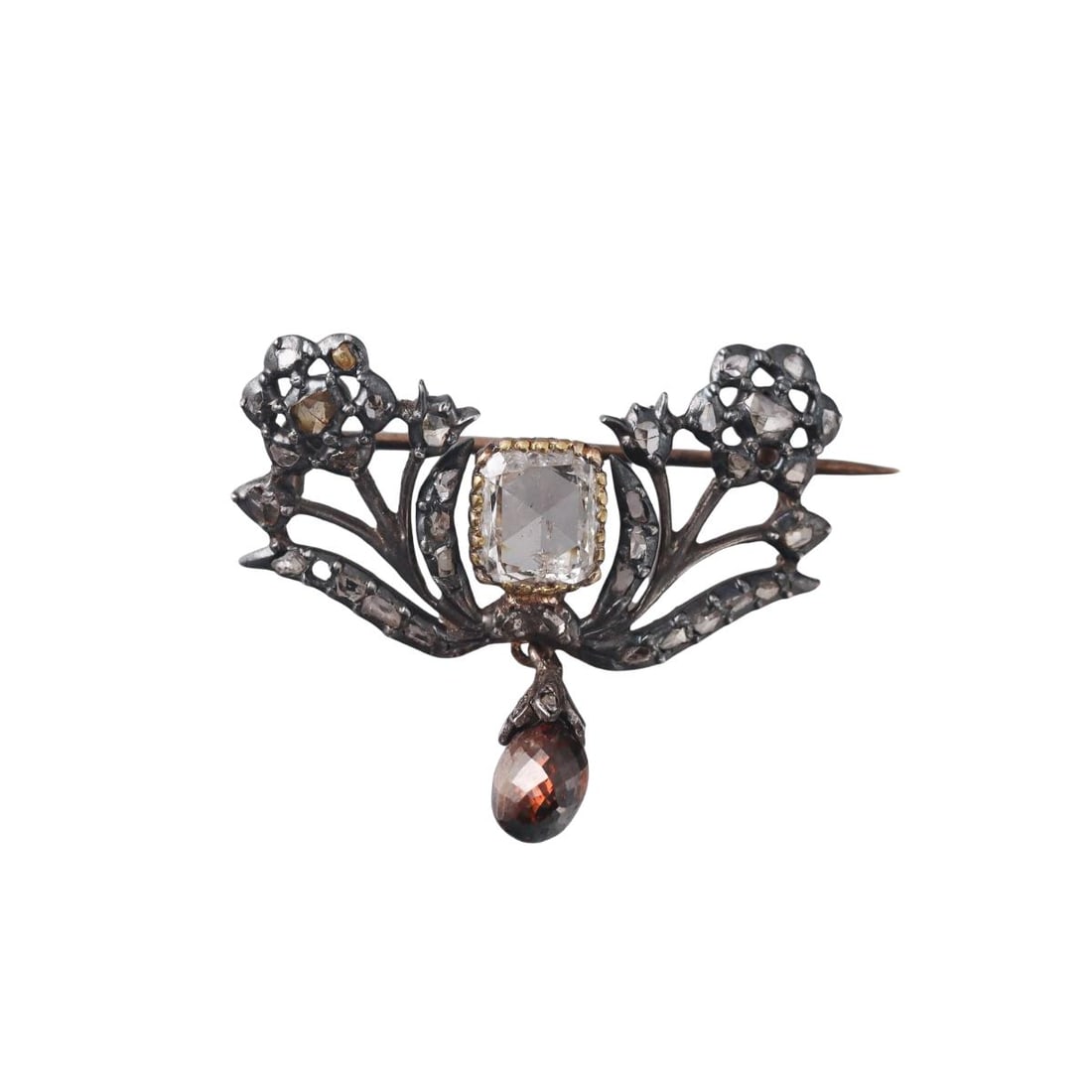 Antique Georgian Silver Diamond Briolette Brooch: Metal : Blackened Silver Designer : Not Signed Gemstone : Rose Cut Diamonds-approx. 2.00ctw, Fancy color diamond briolette approx. 6.1 x 4.5 x 5.9mm, rose cut center diamond - 7.8 x 6.6 x 2.25mm. Meas