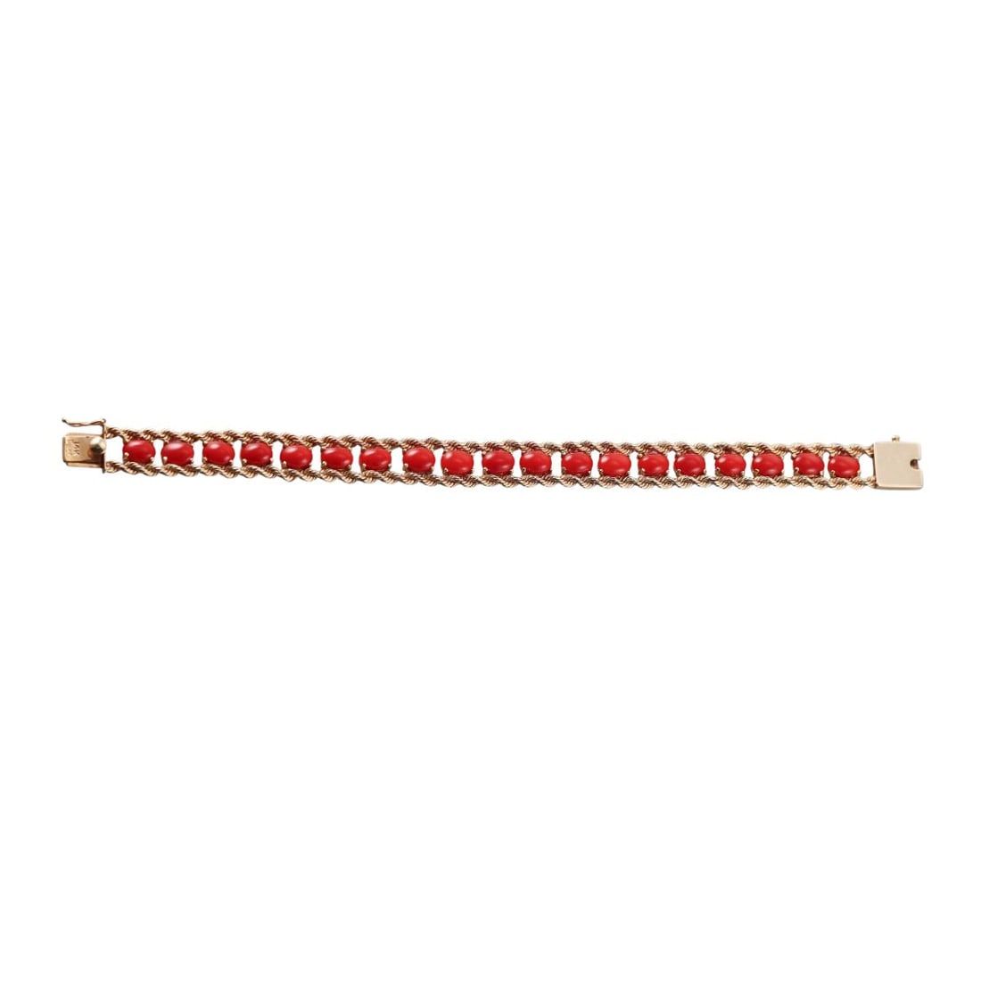 Vintage 1960s 14K Gold Coral Twisted Bracelet: Metal : 14K Yellow Gold Designer : PacG Gemstone : Coral Cabochon Measurements : Bracelet is 7" long and 11mm wide. Marked: : PacG, 14K Weight: : 18.7 grams Condi