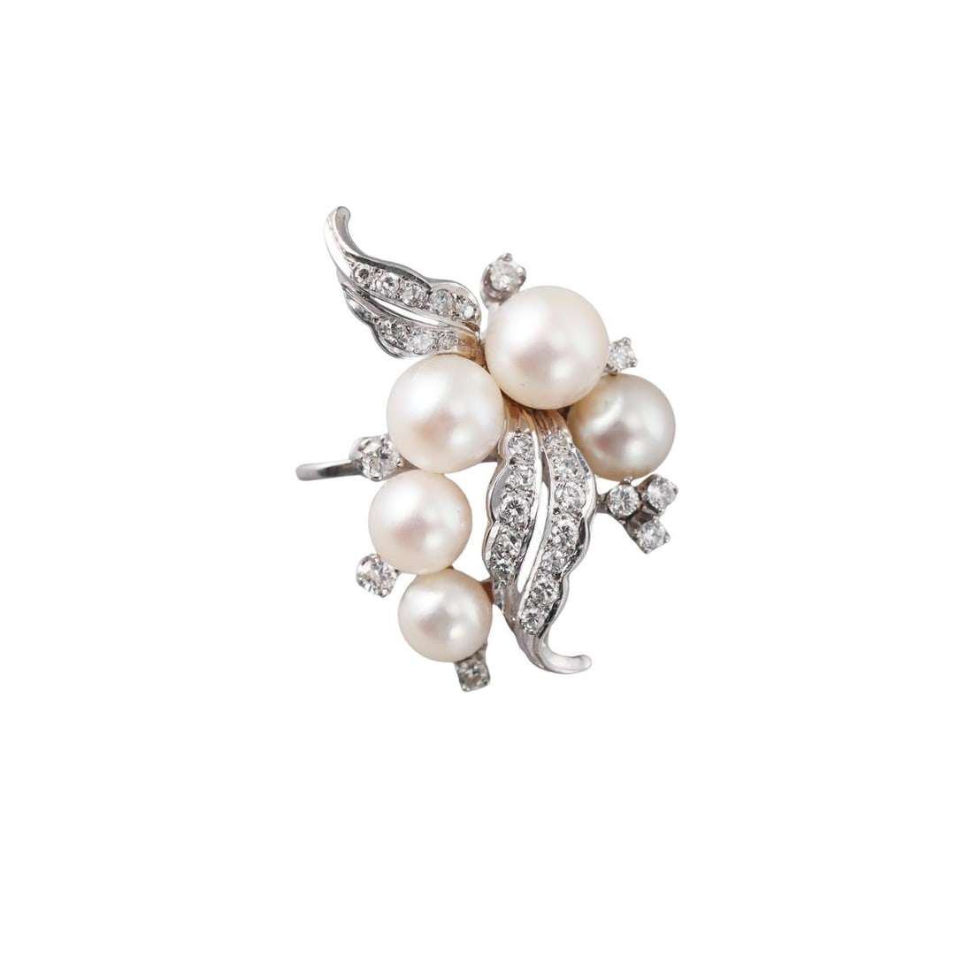 Mid Century 14K Gold Akoya Pearl Diamond Enhancer: Metal : 14k White Gold Designer : Not Signed Gemstone : Akoya Pearls 5.7-7.2mm, Diamonds-approx. 0.55ctw. Measurements : Enhancer is 31mm x 25mm Marked: : KN, 14K, 464, Pat pend.