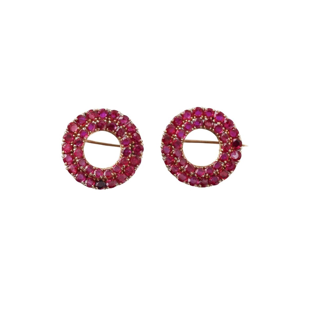 Vintage 14K Gold Ruby Circle Brooch Lot of 2: Metal : 14K Yellow Gold Designer : Not Signed Gemstone : Ruby Measurements : Brooches are 27mm in diameter Marked: : Tested 14K Weight: : 20.9 grams Condition: