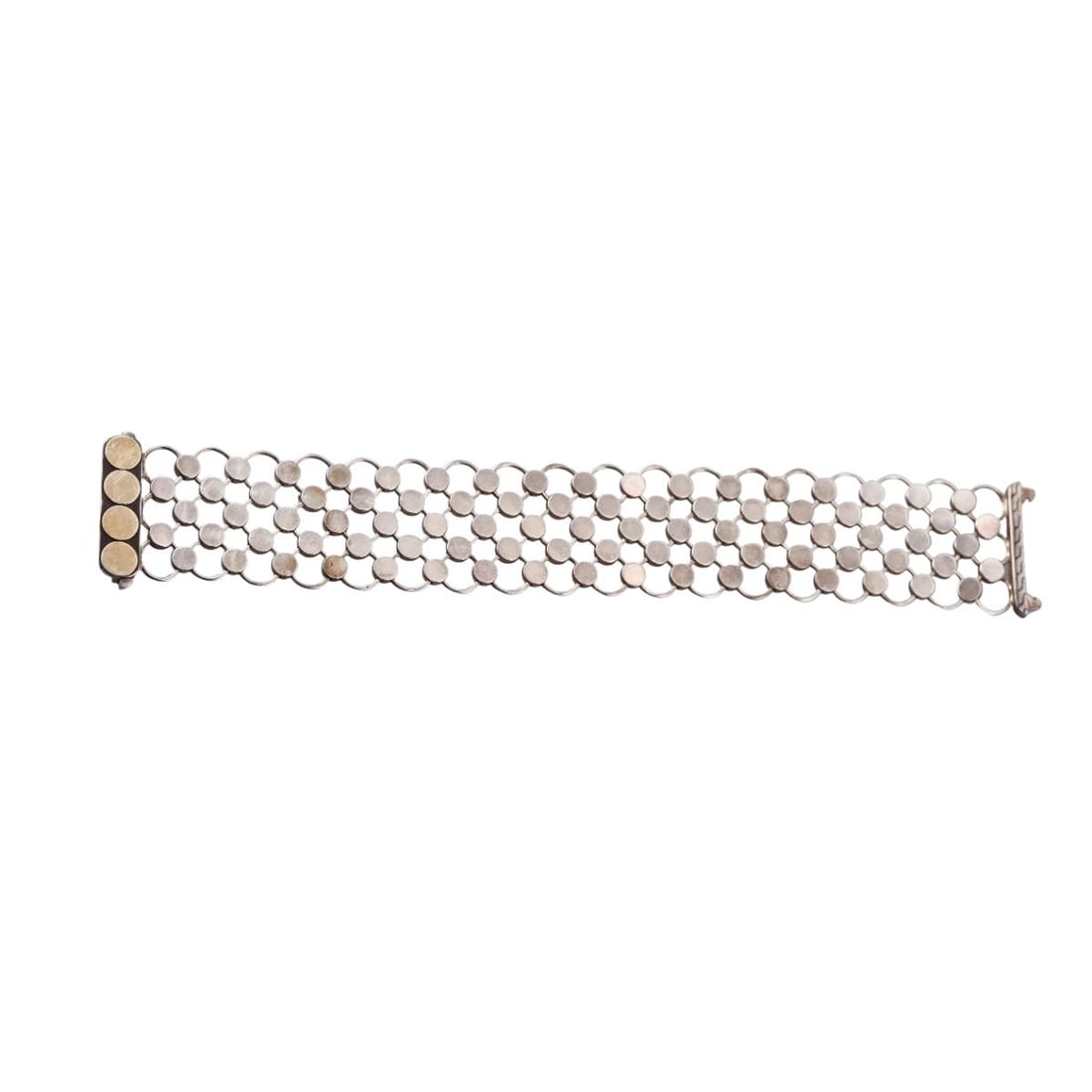John Hardy Dots 18K Gold Sterling Silver Chainmaille Bracelet: Metal : 18K Yellow Gold, Sterling Silver Designer : John Hardy Gemstone : None Measurements : Bracelet is 7" long and 28mm wide. Marked: : Maker's Stamp, 18K, 925 Weight: