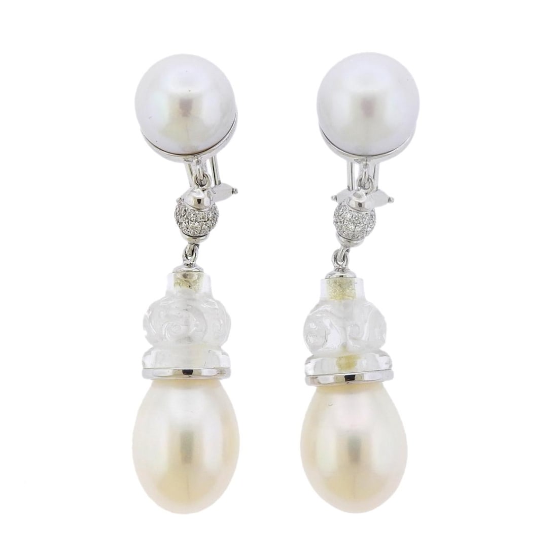 Seaman Schepps Carved Rock Crystal Pearl Diamond Gold Earrings: Metal : 18k White Gold Designer : Seaman Schepps Gemstone : Crystal, Diamonds approx. 0.30ctw, Pearls Measurements : Earrings are 51mm long. Marked: : 750, Shell mark, Serial No.
