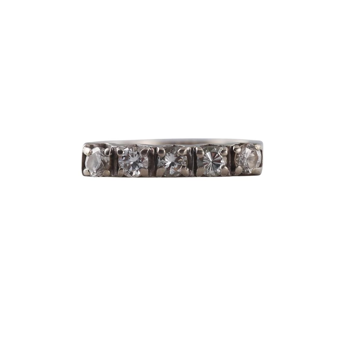 Mid Century 14k Gold Diamond Ring: Metal : 14k White Gold Designer : Not Signed Gemstone : Diamonds approx. 0.65ctw. Measurements : Ring size 6.75, width 3.5mm. Marked: : 14k. Weight: : 4 grams C