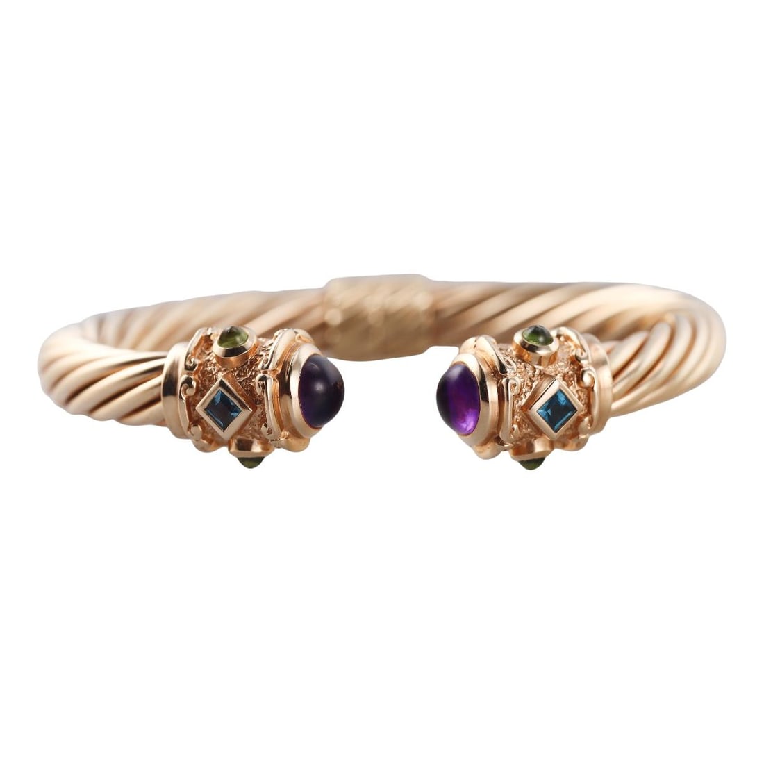 14k Rose Gold Gemstone Cable Cuff Bracelet: Metal : 14k Rose Gold Designer : ANC & David Gemstone : Amethyst, Peridot, Topaz Measurements : Bracelet will fit approx. 6" wrist (small size) , cable width 7mm. Marked: : ANC&David,