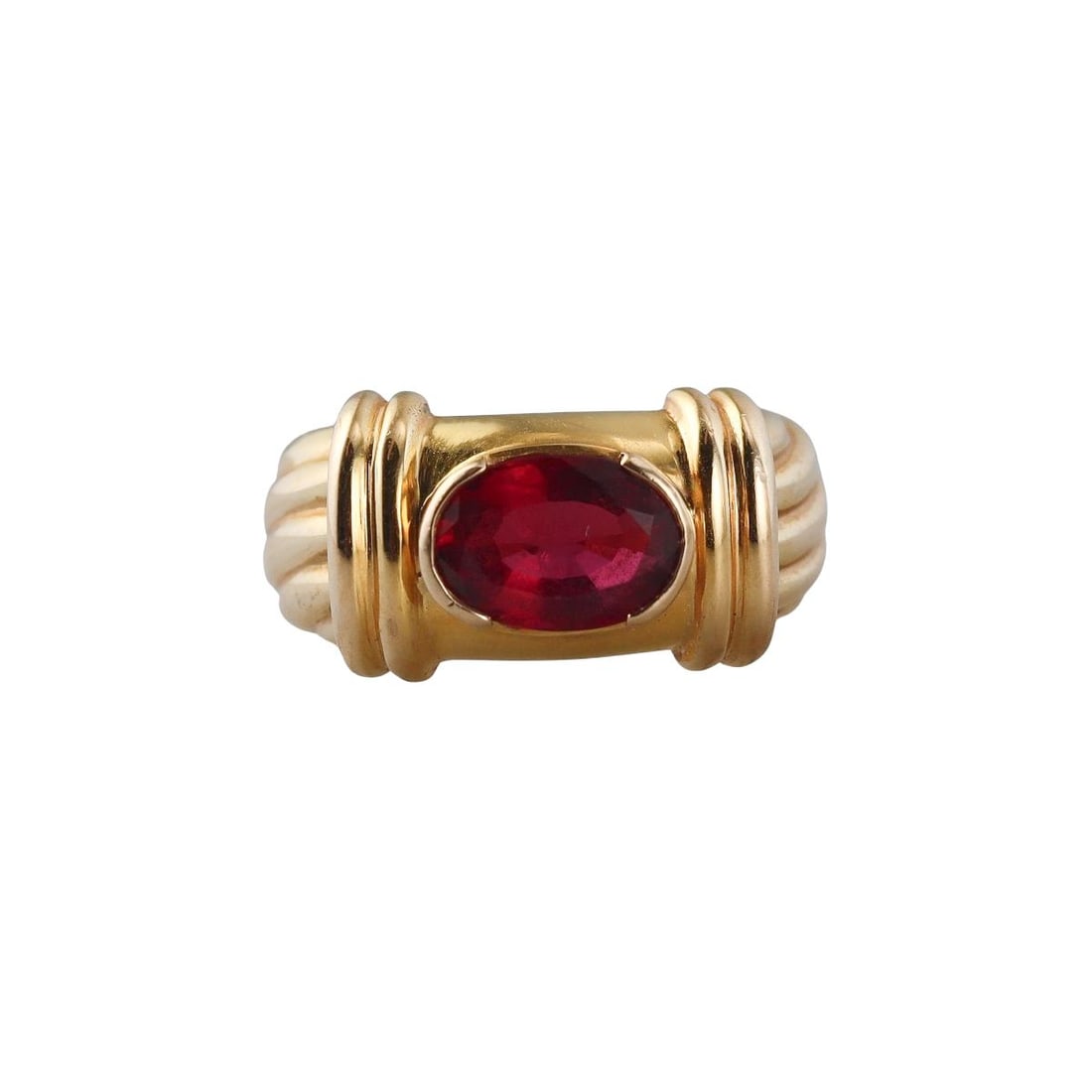 18k Gold Tourmaline Ring: Metal : 18k Yellow Gold Designer : Not Signed Gemstone : Pink tourmaline Measurements : Ring size 5.25, width 9.5mm . Marked: : Tested 18k. Weight: : 7.7 grams