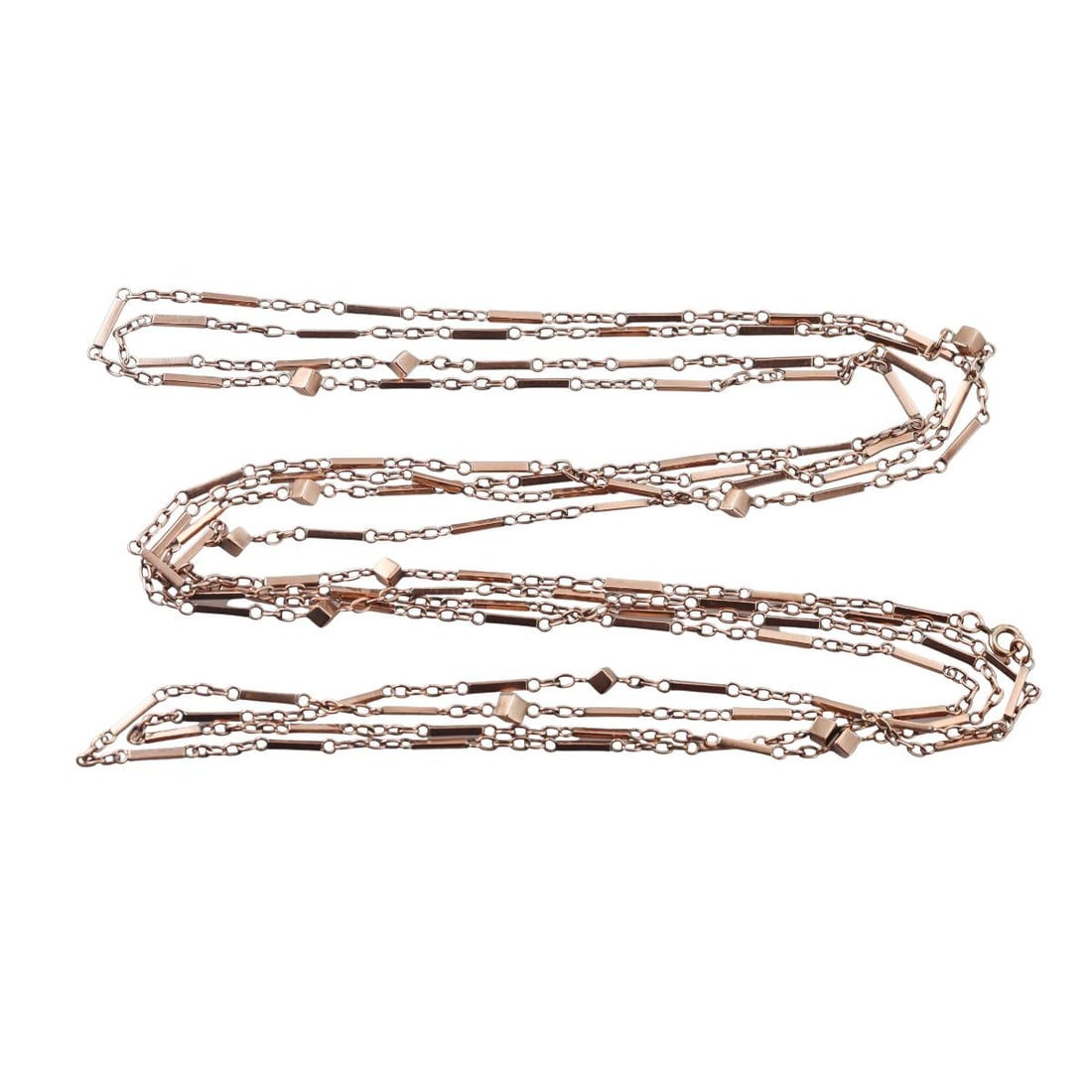 Antique English 9k Rose Gold Long Chain Necklace: Metal : 9k Rose Gold Designer : Not Signed Gemstone : None Measurements : Chain is 90" long. Marked: : Tested 9k. Weight: : 31.1 grams Condition: : Excellent