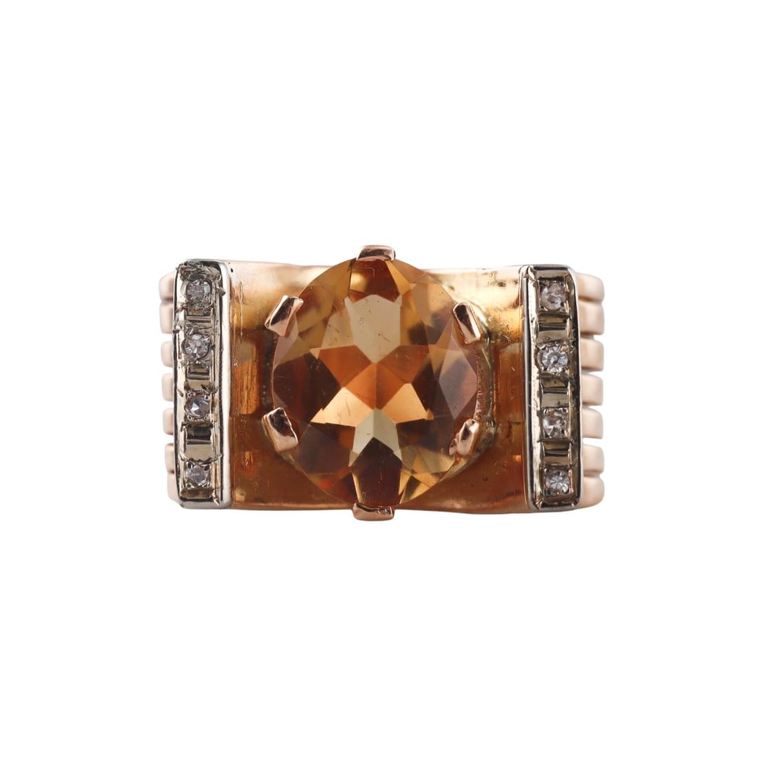 Retro 14k Gold Citrine Diamond Ring: Metal : 14k Yellow Gold Designer : Not Signed Gemstone : Citrine 12 x 9.5mm, Diamonds. Measurements : Ring size 5.5, top is 12 x 20mm. Marked: : Tested 14k. Weight: : 10.9 grams Condition: :