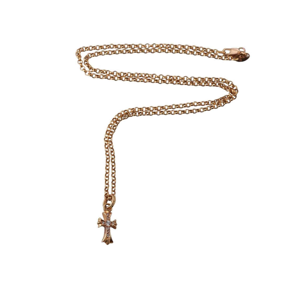 Chrome Hearts 22k Gold Diamond Cross Pendant Necklace: Metal : 22k Yellow Gold Designer : Chrome Hearts Gemstone : Diamonds approx. 0.09ctw. Measurements : Necklace is 20" long, pendant is 23mm x 10mm. Marked: : CH hallmark, 22k, 2001. Lo
