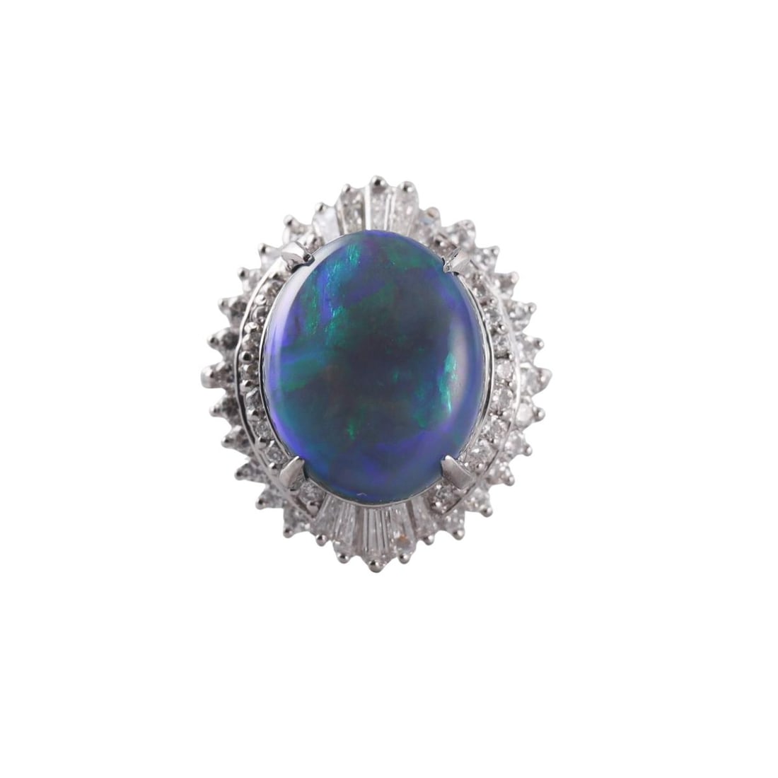 Platinum Diamond 3.85ct Black Opal Ring: Metal : Platinum Designer : Not Signed Gemstone : Diamonds-0.80ctw, Black Opal-3.85ct Measurements : Ring size 5.75. Ring top is 19mm Marked: : 0.80, 3.85, Pt900 Weight: : 9.4 grams Condition: :
