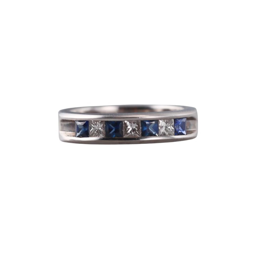 14k Gold Diamond Sapphire Wedding Half Band Ring: Metal : 14k White Gold Designer : Not Signed Gemstone : Diamonds approx. 0.30ctw, Sapphires. Measurements : Ring size 7, width 4.8mm. Marked: : 14k, KD, 1.00. Weight: :