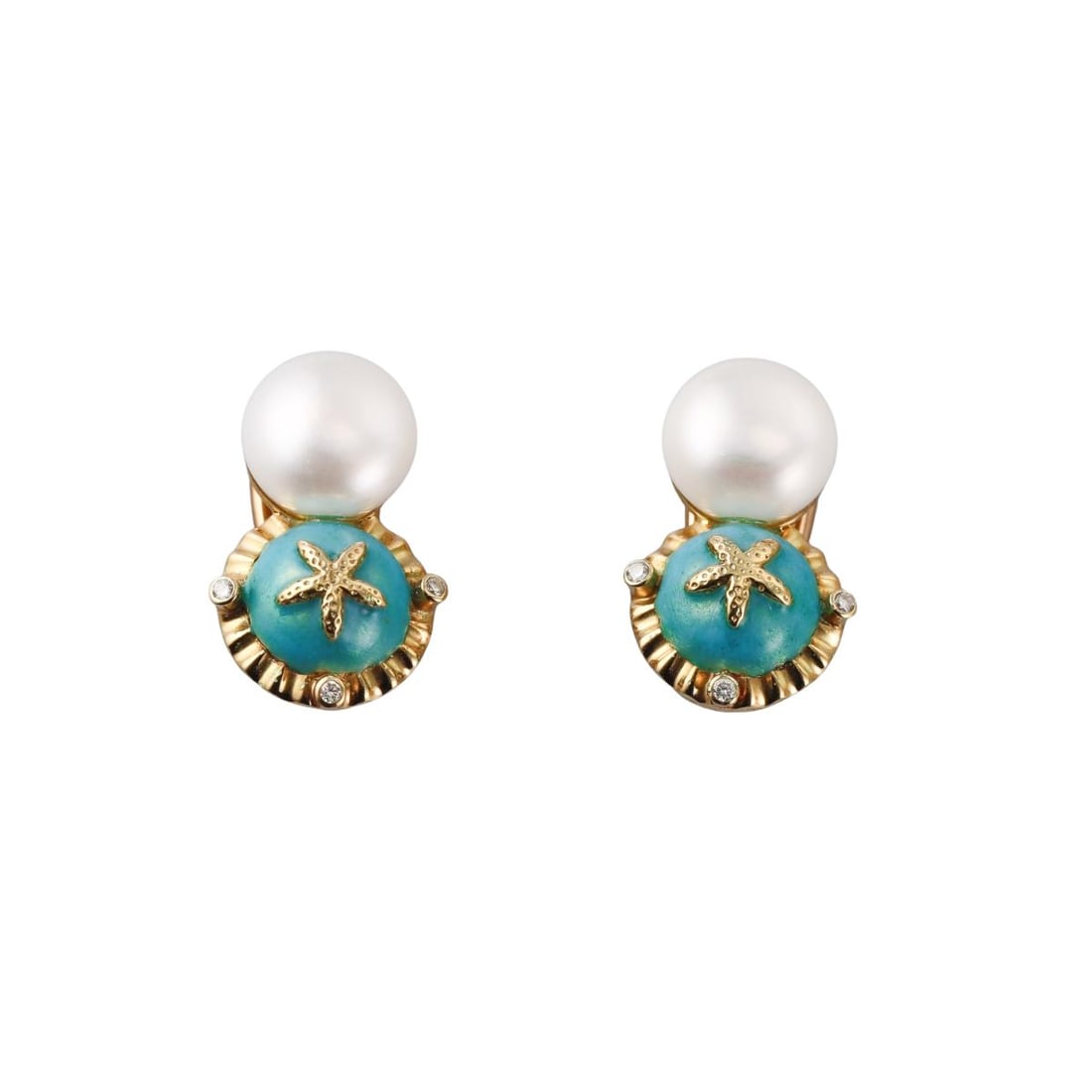 18k Gold Pearl Diamond Enamel Starfish Earrings: Metal : 18k Yellow Gold Designer : Not Signed Gemstone : Pearl 12.2mm, Diamonds Measurements : Earrings are 26mm long. Marked: : 18k. Weight: : 16.3 grams Condit
