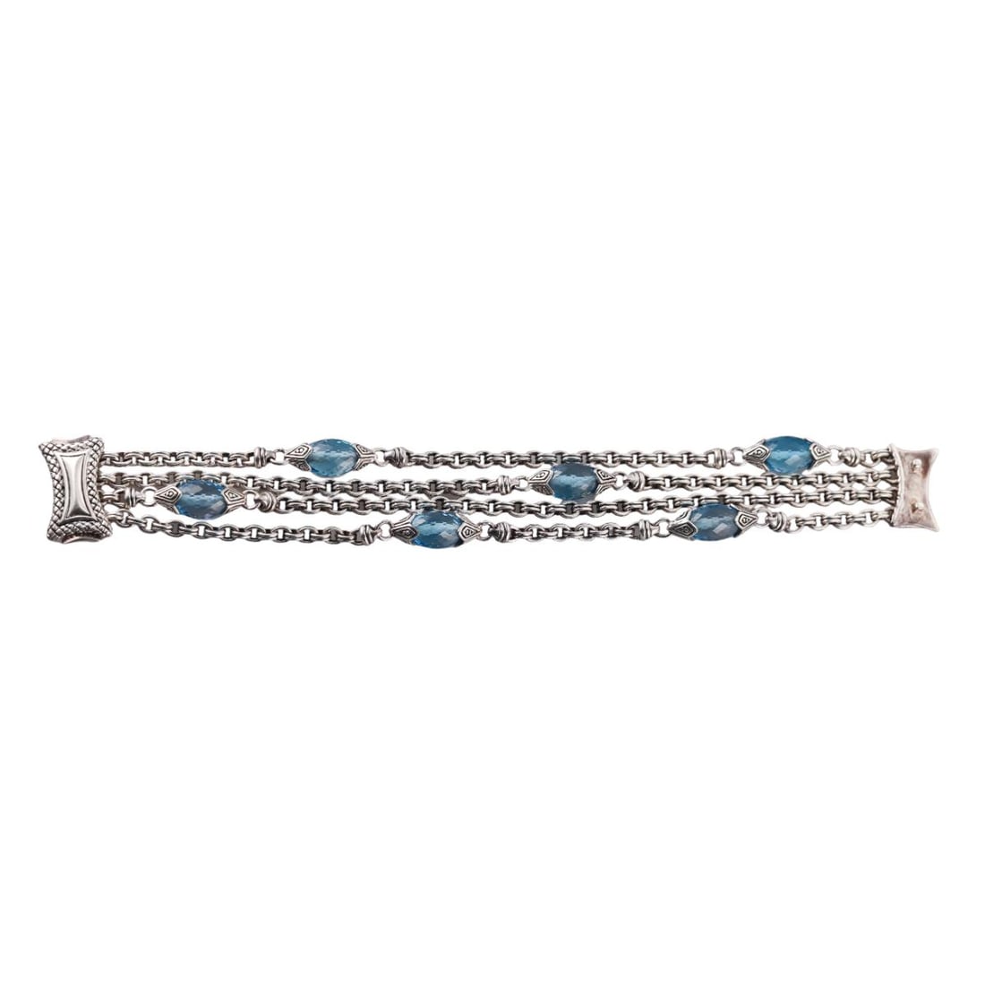 Scott Kay Sterling Silver Blue Topaz Multi Strand Chain Bracelet: Metal : Sterling Silver Designer : Scott Kay Gemstone : Blue Topaz Measurements : Bracelet is 7.5" long and 24mm wide Marked: : SK, 925 Weight: : 54 grams Condition: : Excellent Additional: N/A
