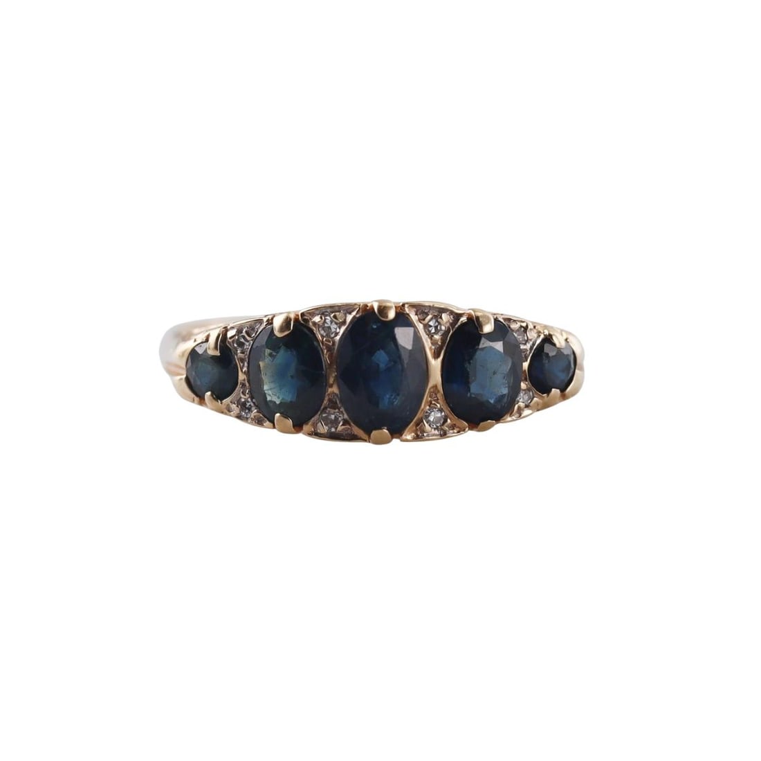 18K Gold Sapphire Diamond Ring: Metal : 18K Yellow Gold Designer : Not signed Gemstone : Diamonds, Sapphires-approx.1.73ctw. Measurements : Ring size 9.25 Marked: : Tested 18K. Ring top is 7mm Weight: :3.8 grams Condition: :