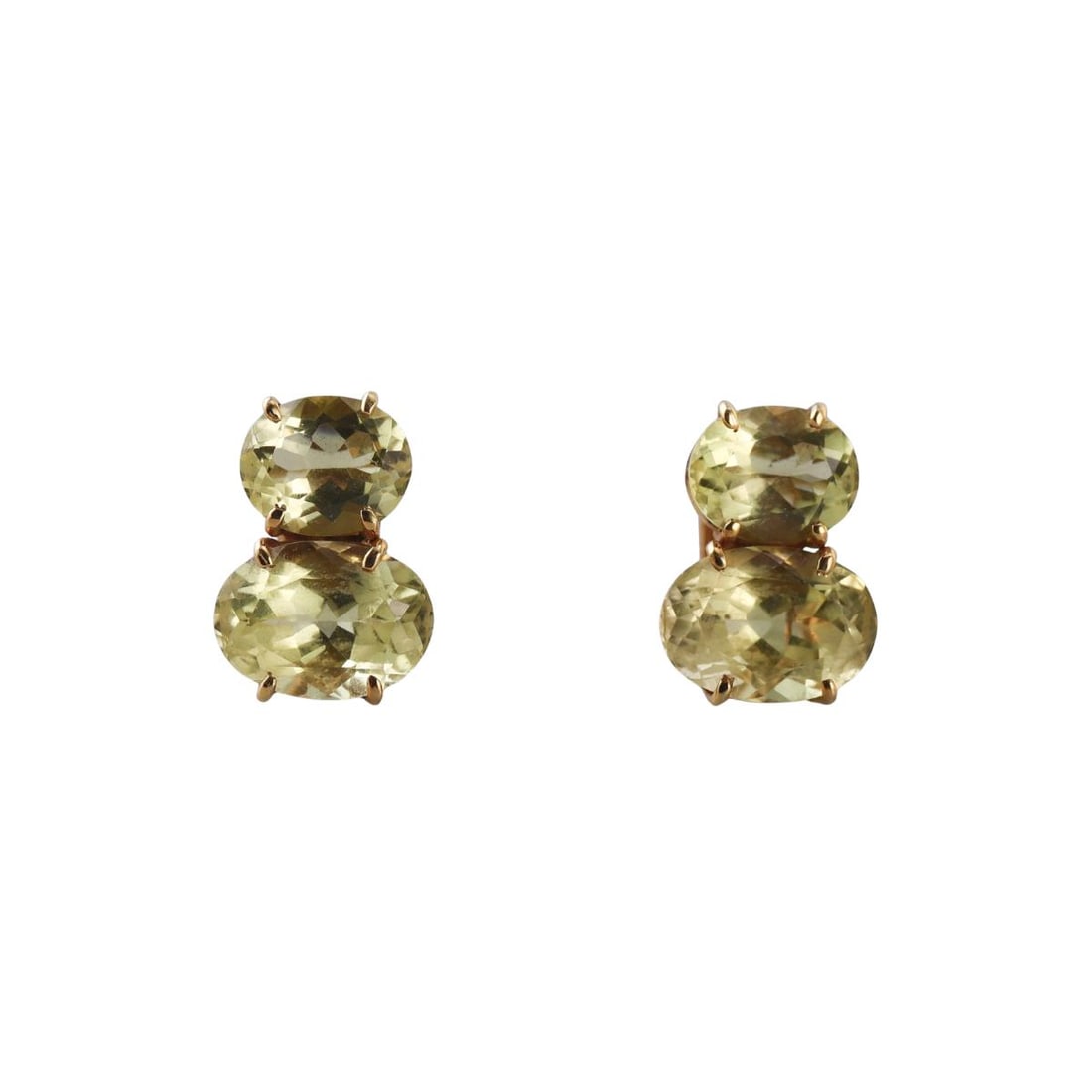 18k Gold Quartz Earrings: Metal : 18k Yellow Gold Designer : Not Signed Gemstone : Green quartz Measurements : Earrings are 20mm long. Marked: : 18k. Weight: : 12.6 grams Condition: :