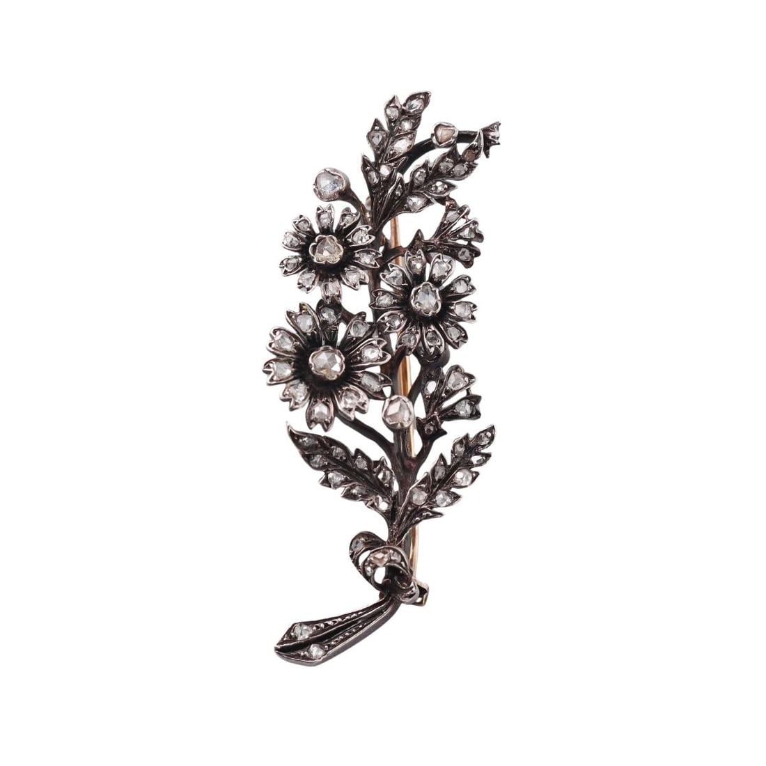 French Antique 18K Gold Silver Diamond Flower Brooch: Metal : 18K Rose Gold, Silver Designer : Not Signed Gemstone : Rose Cut Diamonds-approx.1.30ctw. Measurements : Brooch is 54mm long and 22mm wide Marked: : Tested 18K, Silver, French Go