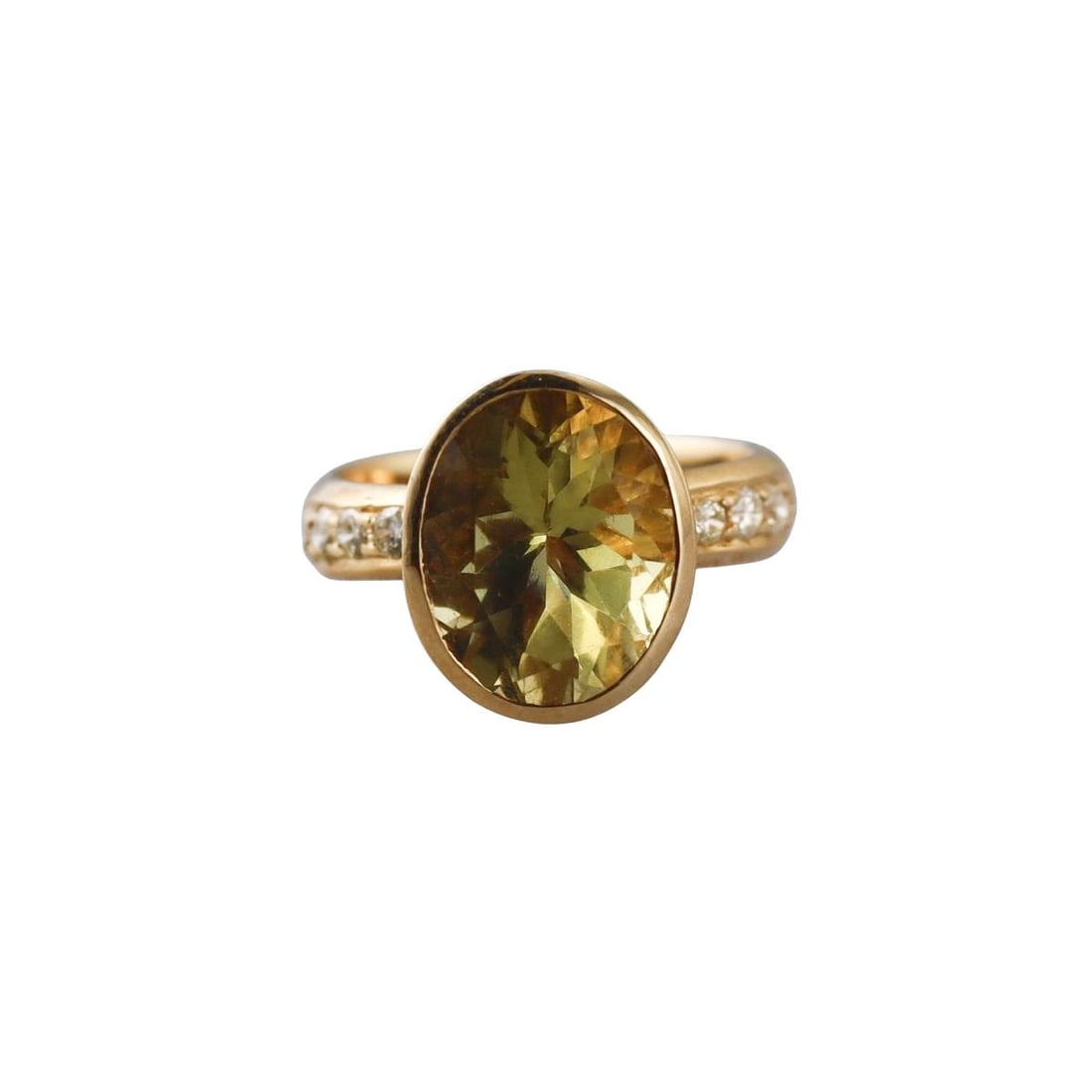 18k Gold Quartz Diamond Ring: Metal : 18k Yellow Gold Designer : Not Signed Gemstone : Green quartz approx. 12.2 x 9.5mm, Diamonds approx. 0.26ctw. Measurements : Ring size 4.75, top is 13.5 x 11mm. Marked: : 18k.
