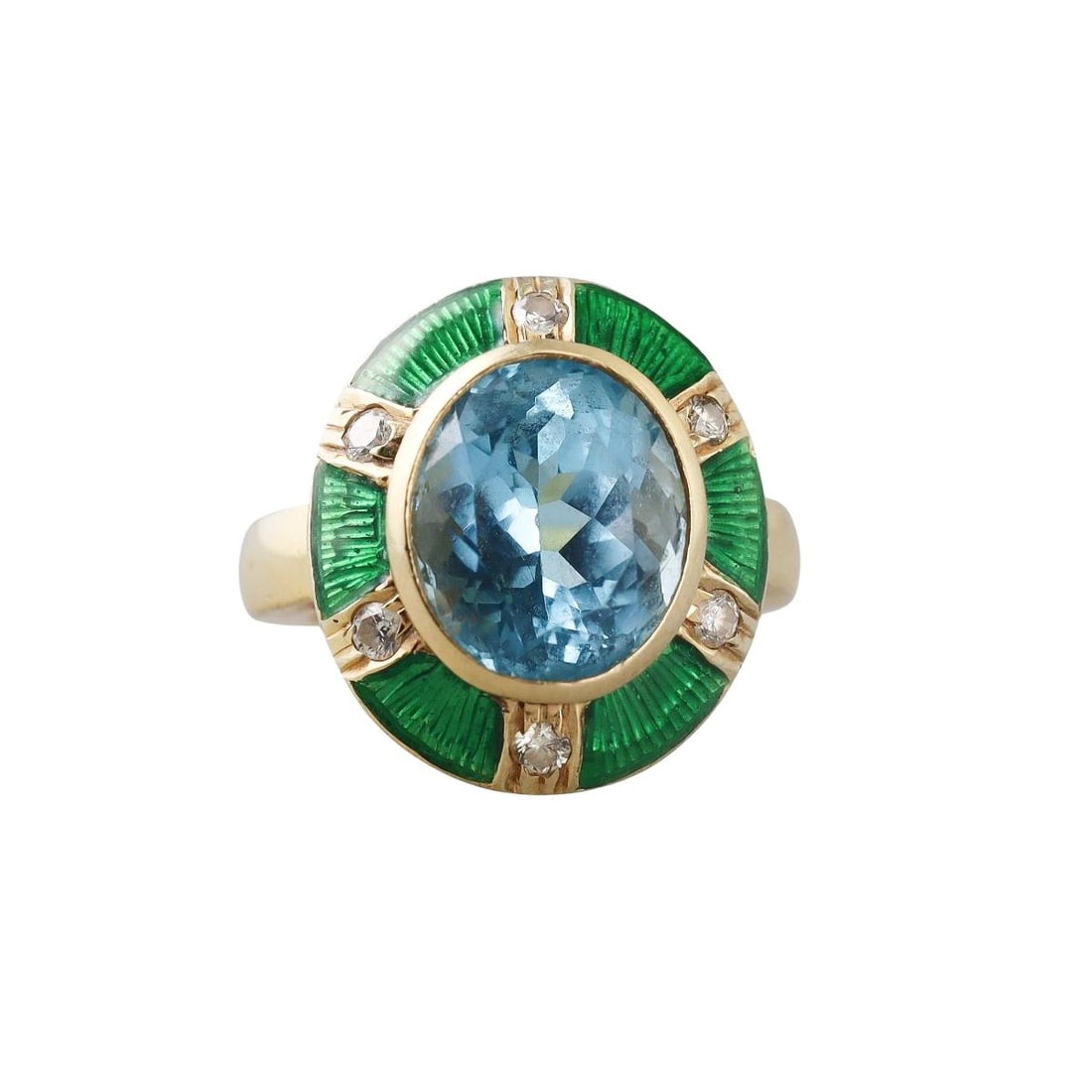18k Gold Blue Topaz Diamond Enamel Cocktail Ring: Metal : 18k Yellow Gold Designer : Not Signed Gemstone : Topaz, Diamonds approx. 0.18ctw. Measurements : Ring size 4.5, top is 19mm x 17mm. Marked: : 18k. Weight: : 12.4