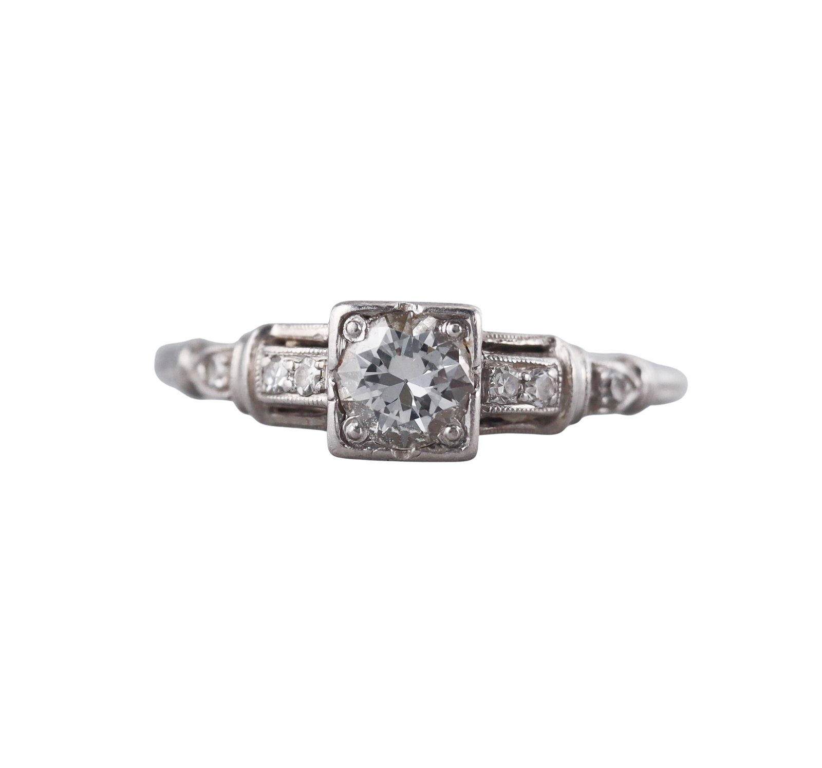 Art Deco Platinum Diamond Engagement Ring: Metal : Platinum Designer : Not Signed Gemstone : Center diamond approx. 0.30ct Measurements : Ring size 5.5, shank slightly bent. Marked: : 10% irid. plat. Illegible partially polished