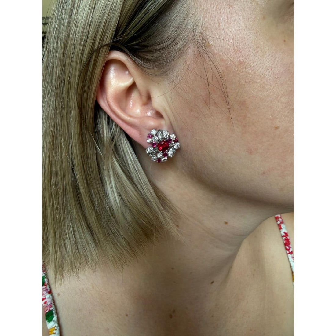 Platinum Diamond Ruby Cluster Earrings - 5
