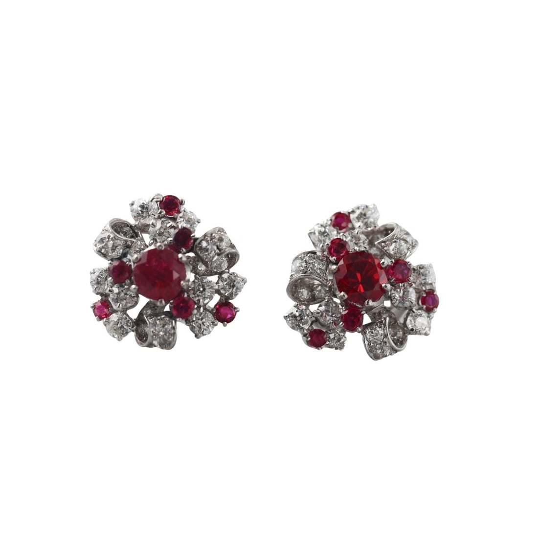 Platinum Diamond Ruby Cluster Earrings (1 of 5)